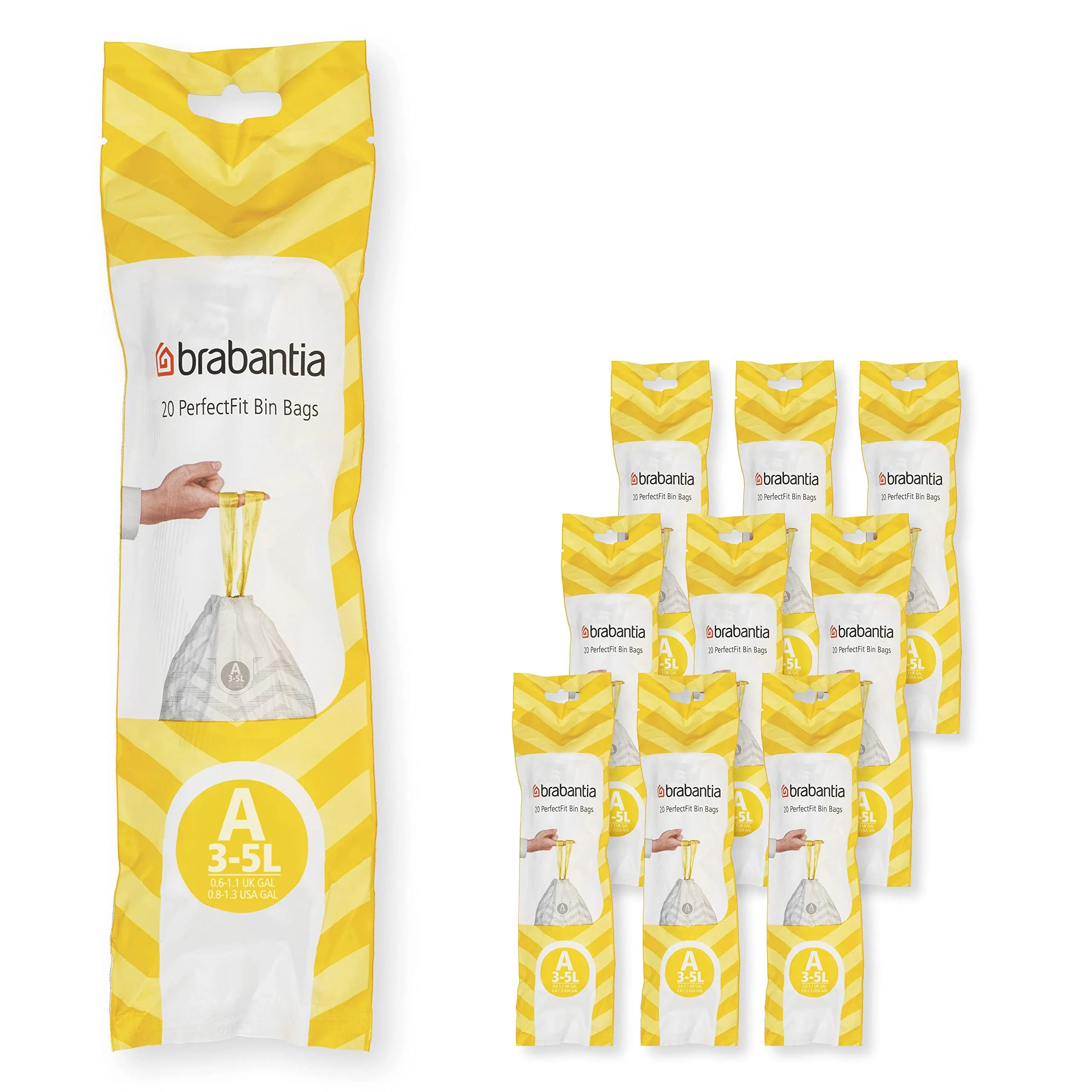 Brabantia garbage bag Perfectfit Multipack (Code A - 3L) Extra strong garbage bags with a pull tape 10 rollers (200 garbage bags) White - Code A 20 pieces (10 pack)