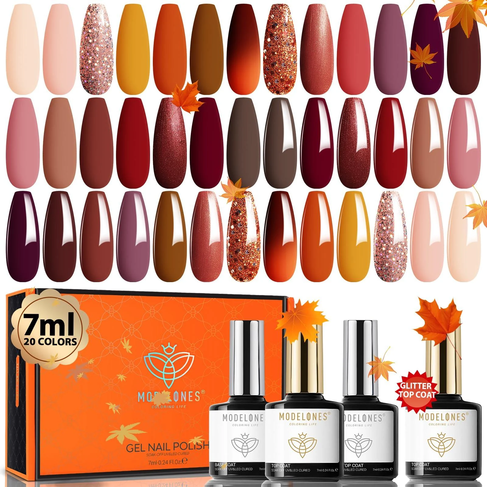 Modelones 20 Colors Gel Nail Polish Kit Fall Pink Brown Nude Orange Gel Polish Set with Glitter Glossy and Matte Top Base Coat Home DIY Manicure Nail Art Design Gifts A- 0 Cozy of the Fall