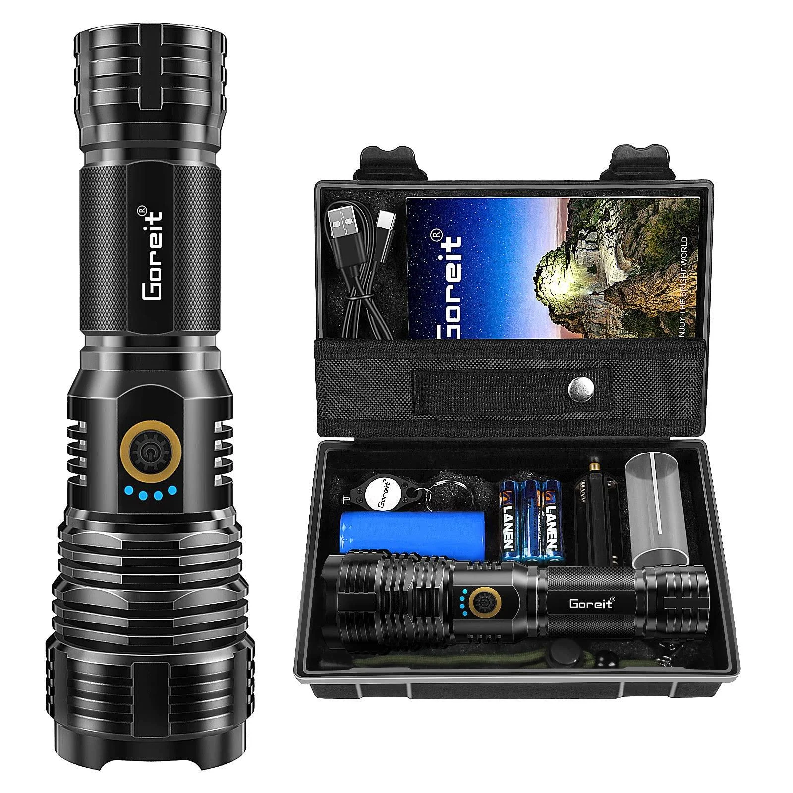 Flashlights LED High Lumens Rechargeable, Goreit 20000 Lumens XHP70.2 Super Bright Flashlight, High Powered Flash Light, Powerful Handheld Tactical Flashlights for Emergency Camping Hiking Gift Black