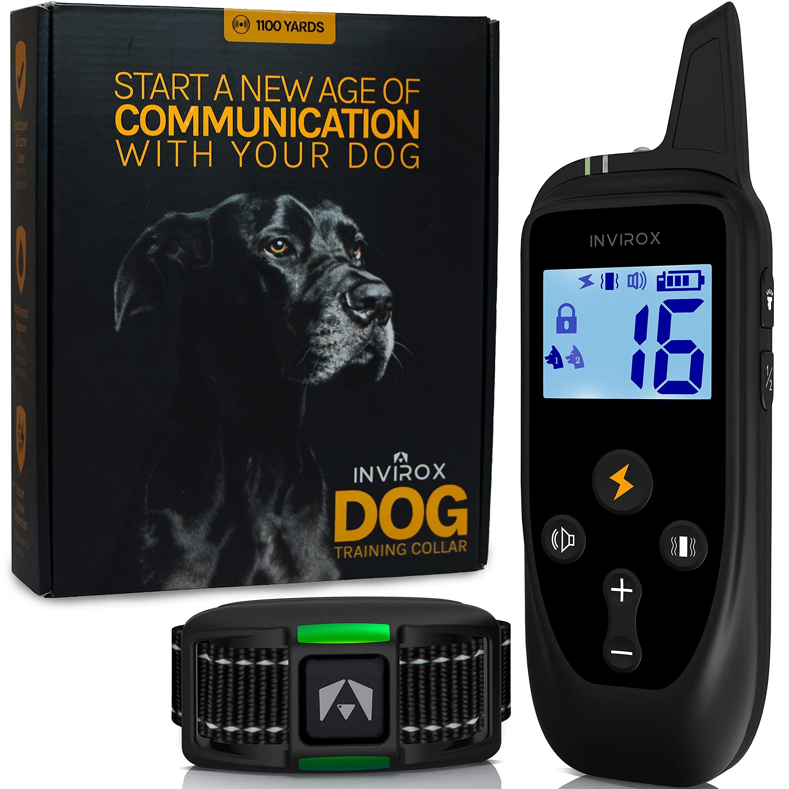 INVIROX Dog Shock Collar for Large Dog 2023 Edition 123 Levels Dog Training Collar, 1100Yards Range, 100% Waterproof, Rechargeable Shock Collar for Medium Dogs Black