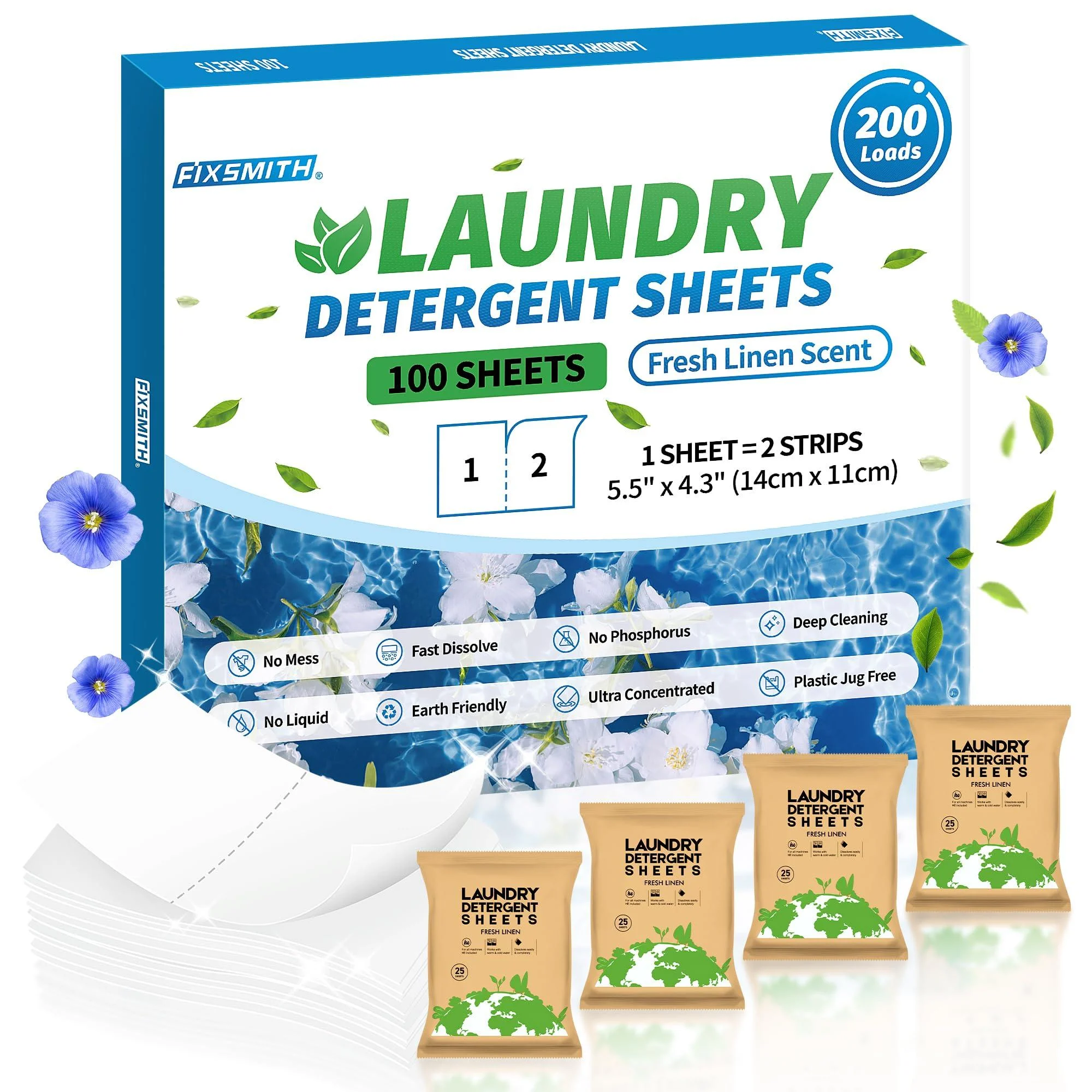 FIXSMITH Laundry Detergent Sheets - 200 Loads (100 Sheets) Fresh Linen Scent - Hypoallergenic Eco Friendly Laundry Detergent Strips Ultra-Concentrated Travel Detergent Sheets.Plastic-Free Liquidless Fresh Linen Scent 1 Count (Pack of 100)
