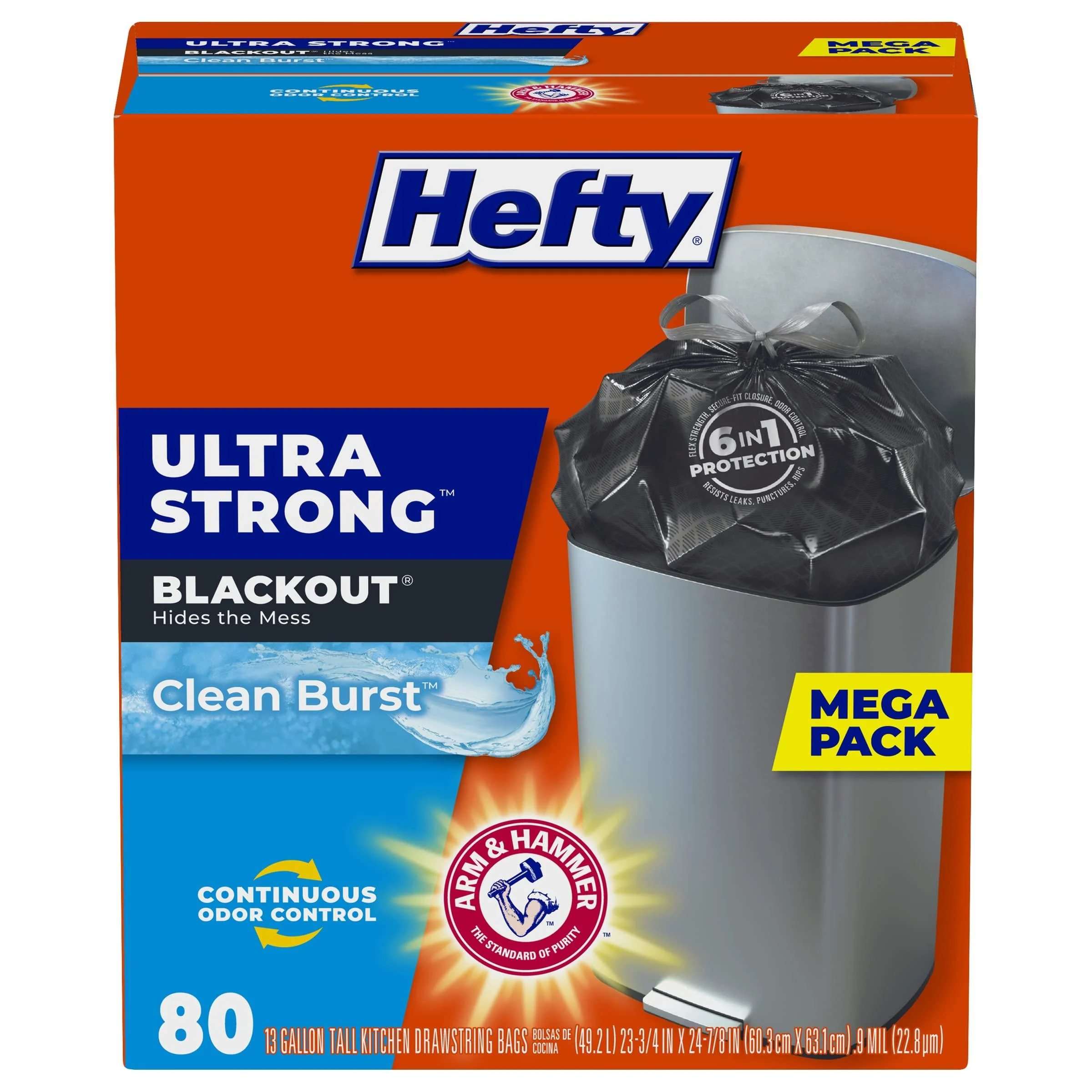 Hefty Ultra Strong Tall Kitchen Trash Bags, Blackout, Clean Burst, 13 Gallon, 80 Count Clean Burst - 80 Count