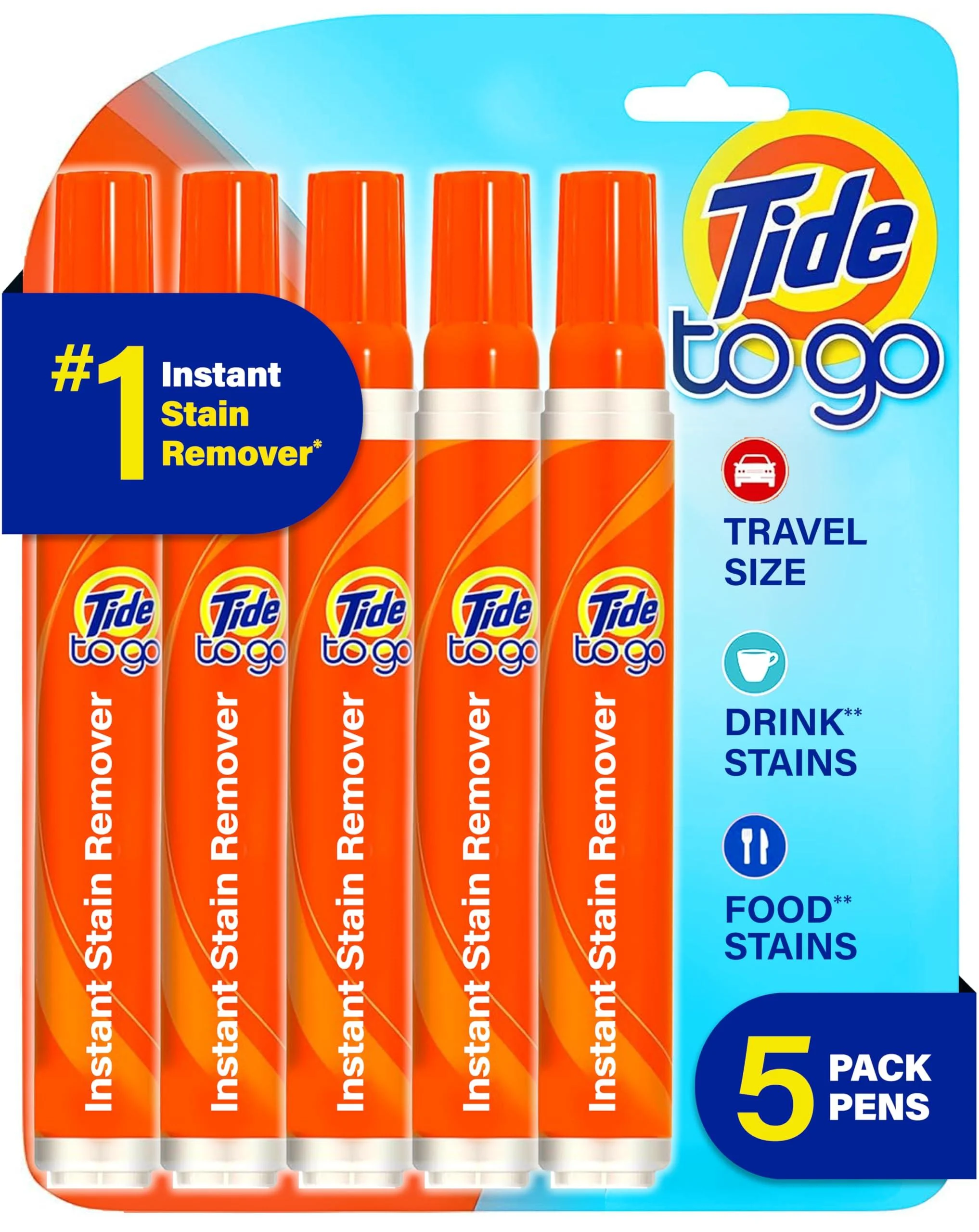 Tide Stain Remover for Clothes Tide To Go Pen Instant Stain & Spot Remover for Clothes Travel & Pocket Size 5 Count (Pack of 1) Unscented 5 Count (Pack of 1)