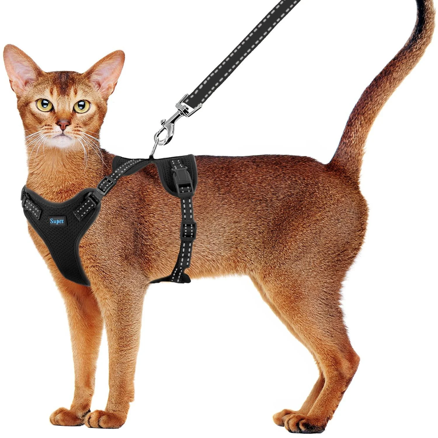 Supet Cat Harness and Leash Set for Small to Large Cats Adjustable Cat Vest Harness with Reflective Trim Universal Cat Leash and Harness for Cats/Puppies Outdoor Walking Small (Chest: 13.7" - 15.7") Black