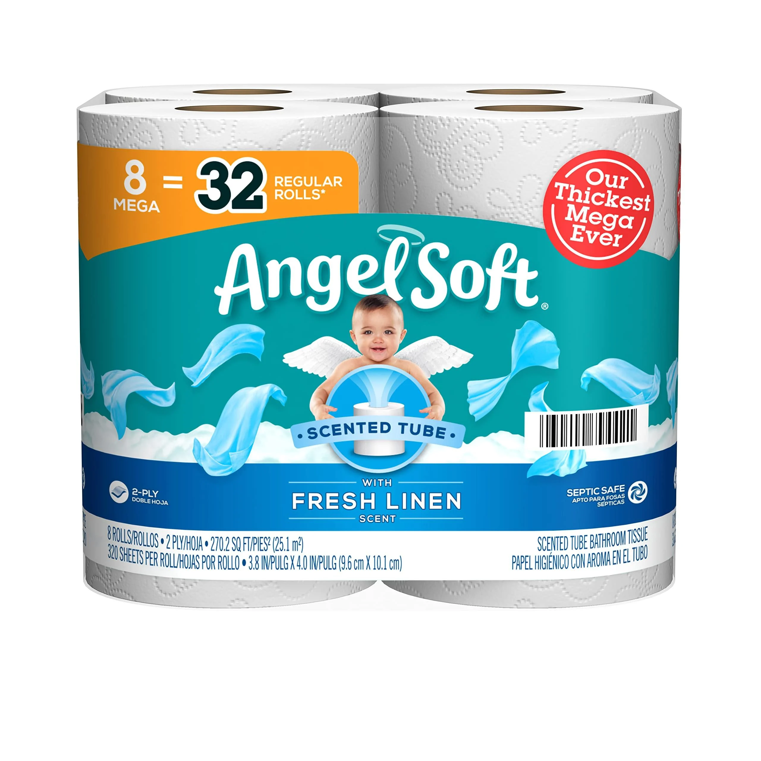 Angel Soft Toilet Paper with Fresh Linen Scent, 8 Mega Rolls 32 Regular Rolls, 320 Sheets each, 2-Ply Bath Tissue, 320 Count (Pack of 8)