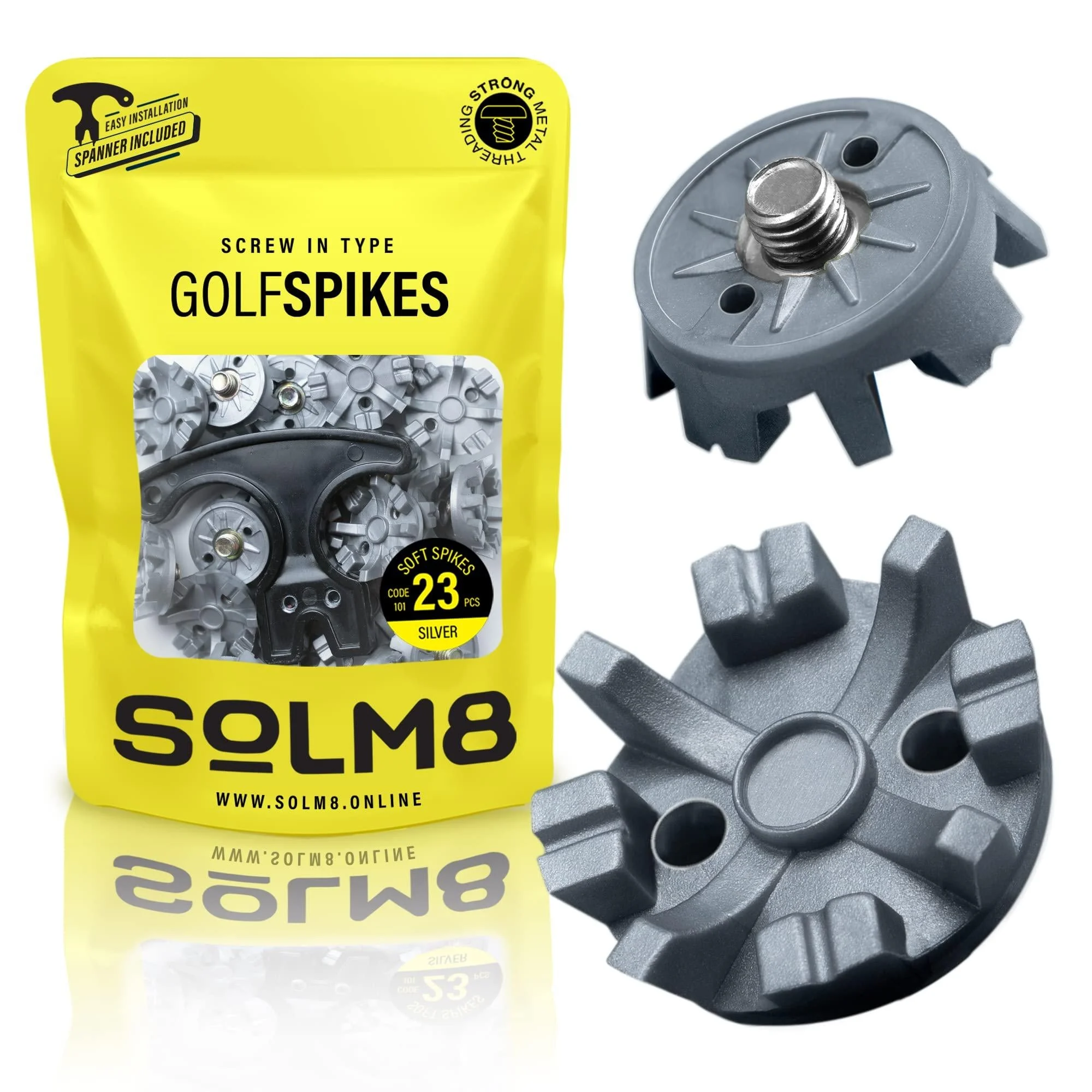 SOLM8 - Screw in Spikes Replacement for Golf Shoes & Cricket Spikes, Easy to Install Metal Threading Screw Size Inch (23 Count + 1 Spanner)