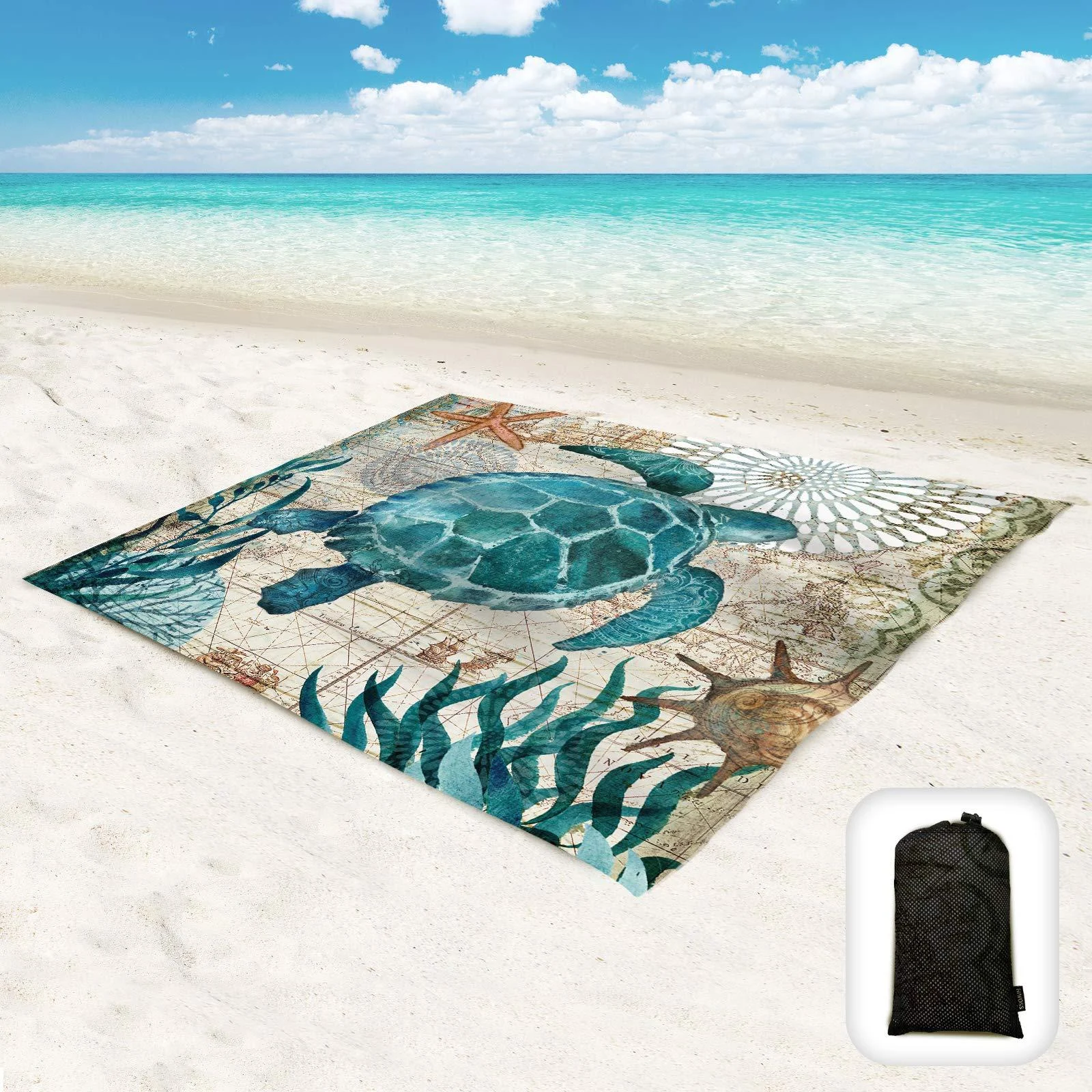 Hiwoss Beach Blanket Waterproof Sandproof Oversized 95x 80,Sand Free Beach Mat with Corner Pockets,Portable Mesh Bag for Beach Festival,Picnic,Travel and Outdoor Camping,Sea Turtle Seaturtle