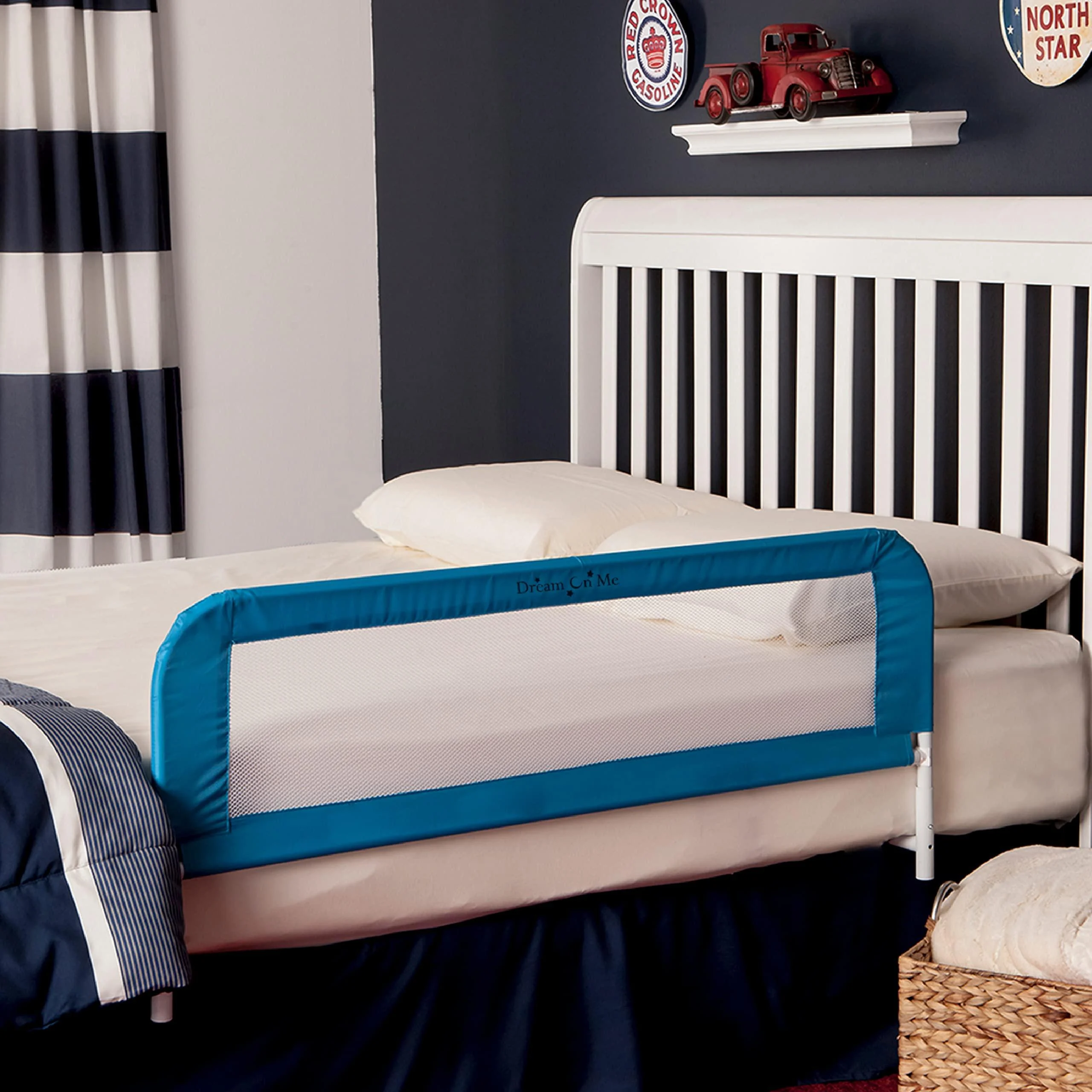 Dream On Me Adjustable Mesh Bed Rail, Two Height Levels, Ready To Use, Compatible with Adult Twin Size Beds, All Steel construction, Equipped with Guard Gap, Durable Nylon Fabric Mesh, Blue