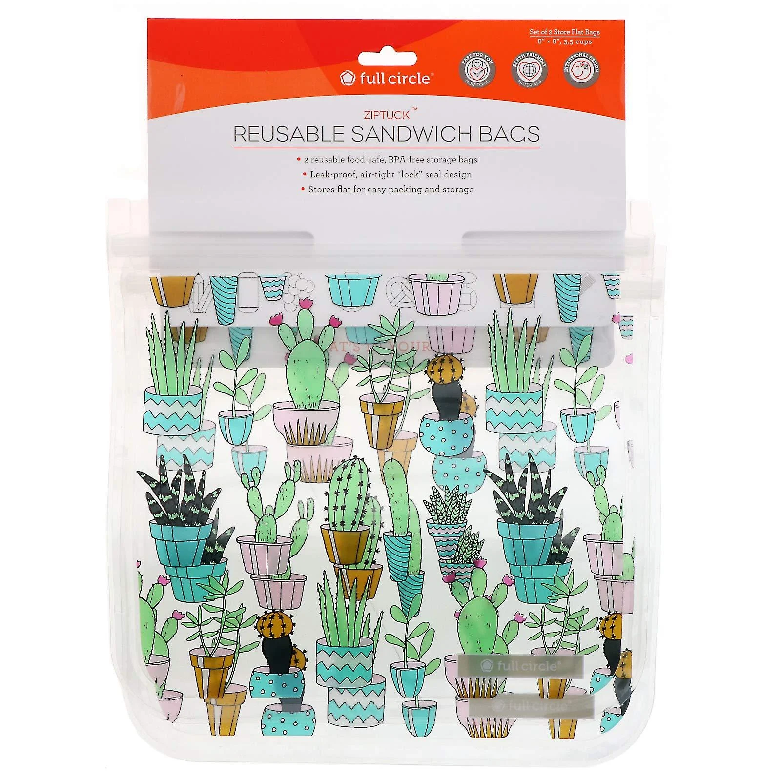 Full Circle ZipTuck Reusable Sandwich Bags Cactus Party 2 Bags