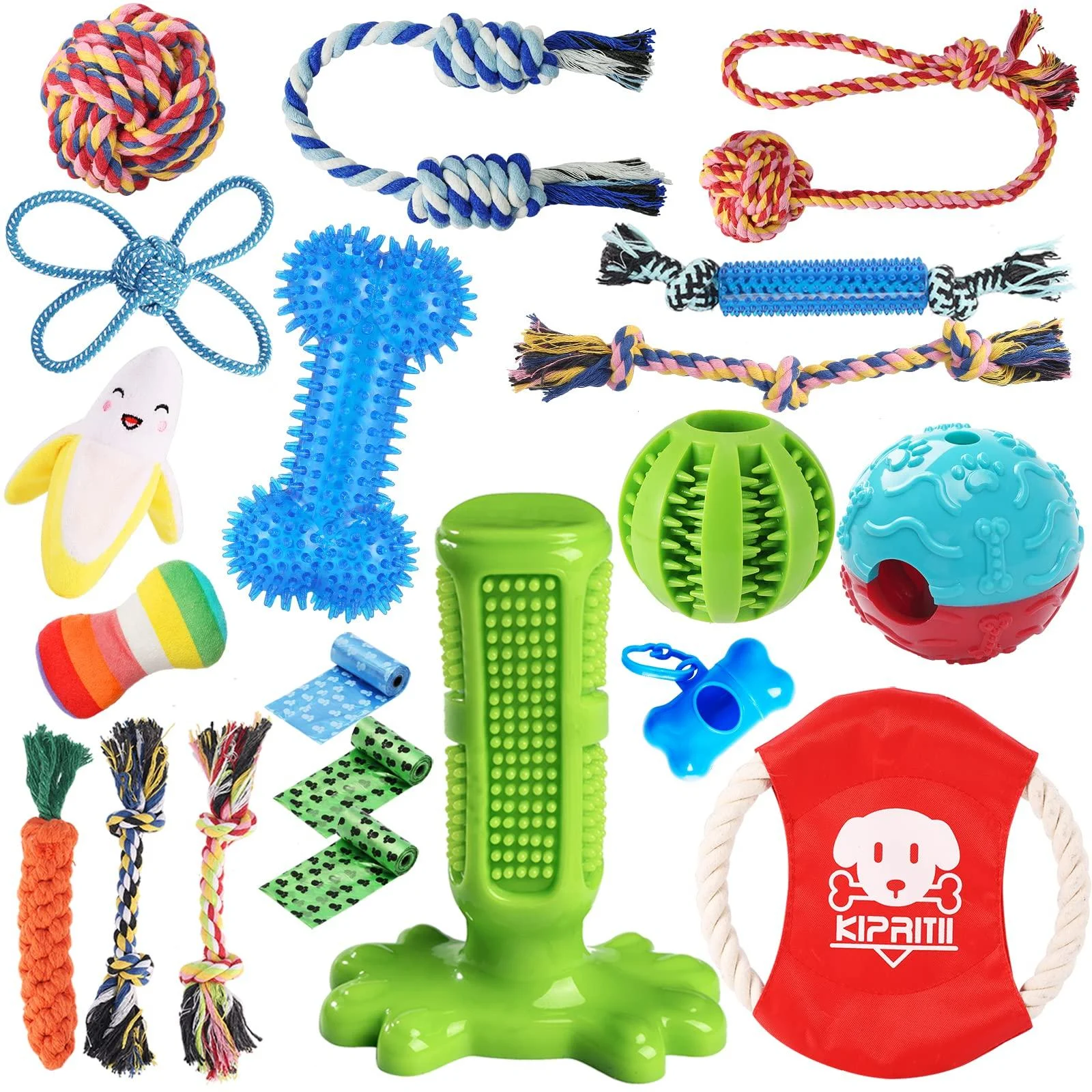 KIPRITII Dog Chew Toys for Puppy - 20 Pack Puppies Teething Chew Toys for Boredom, Pet Dog Chew Toys with Rope Toys, Dog Squeaky Toy for Puppy and Small Dogs 20 Pack-Normal Color Puppy Toys