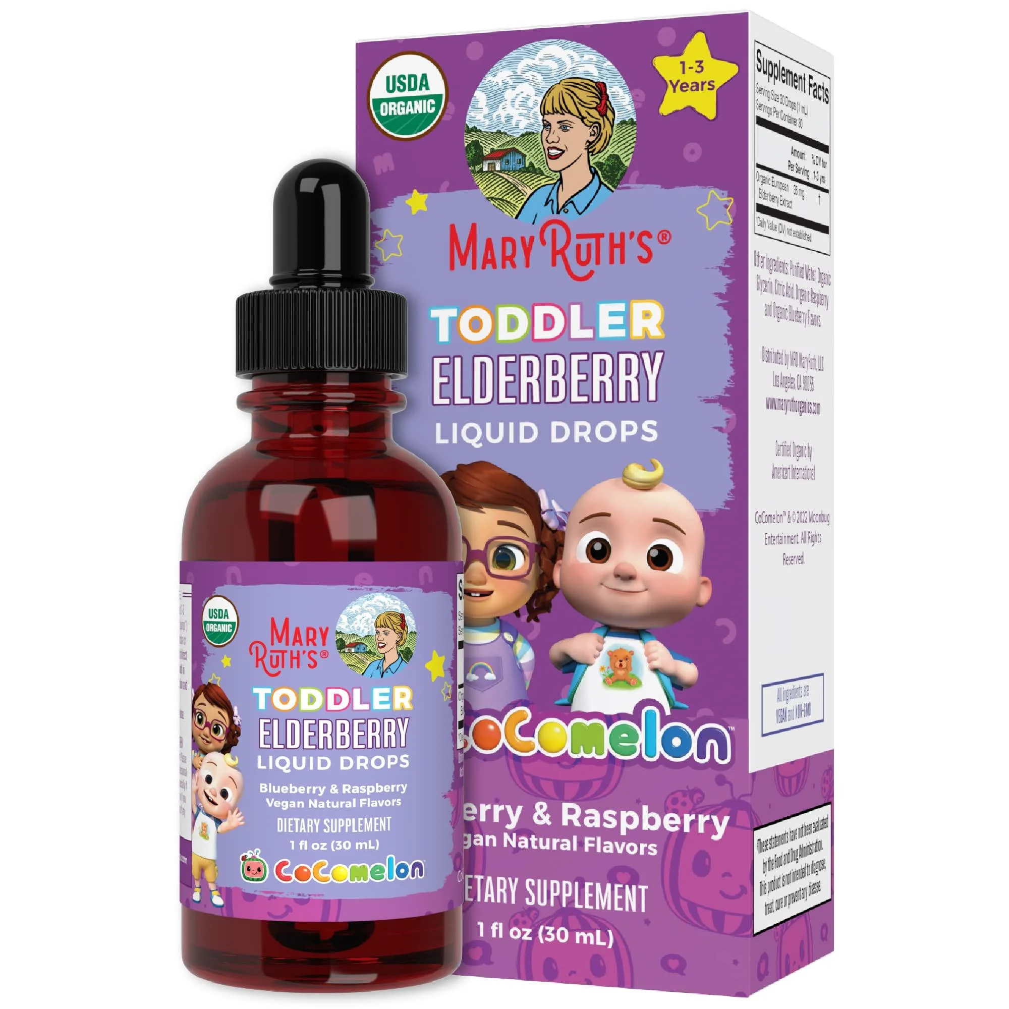 Cocomelon Elderberry Syrup for Toddlers by MaryRuth's | USDA Organic | Black Elderberry Liquid Drops for Immune Support | Blueberry Raspberry | Kids Ages 1-3 Years | Vegan | Non-GMO | 1 Oz Cocomelon Toddler Drops