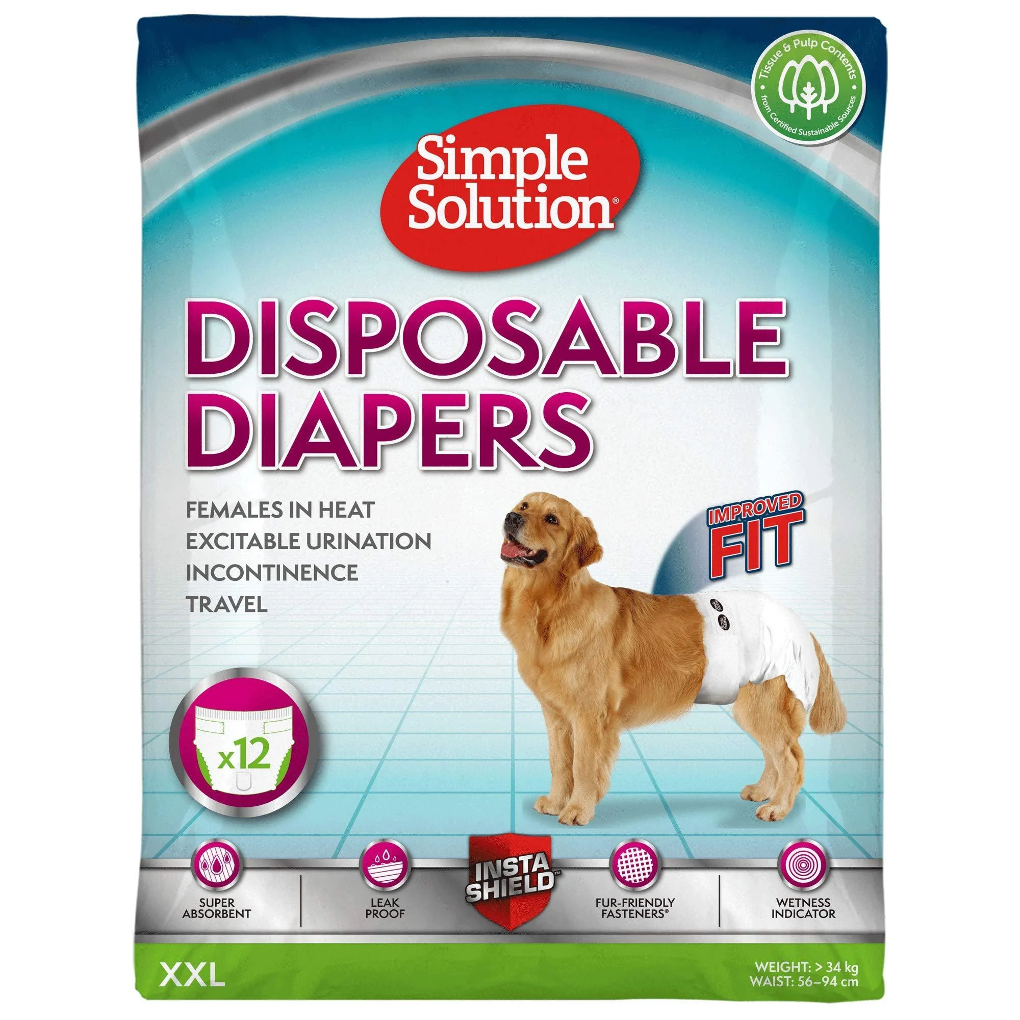 Simple solution disposable dog diapers for bitches |Super absorbent spout -safe fit |Nativity Endicator 12 Pack 2xl (12 pack