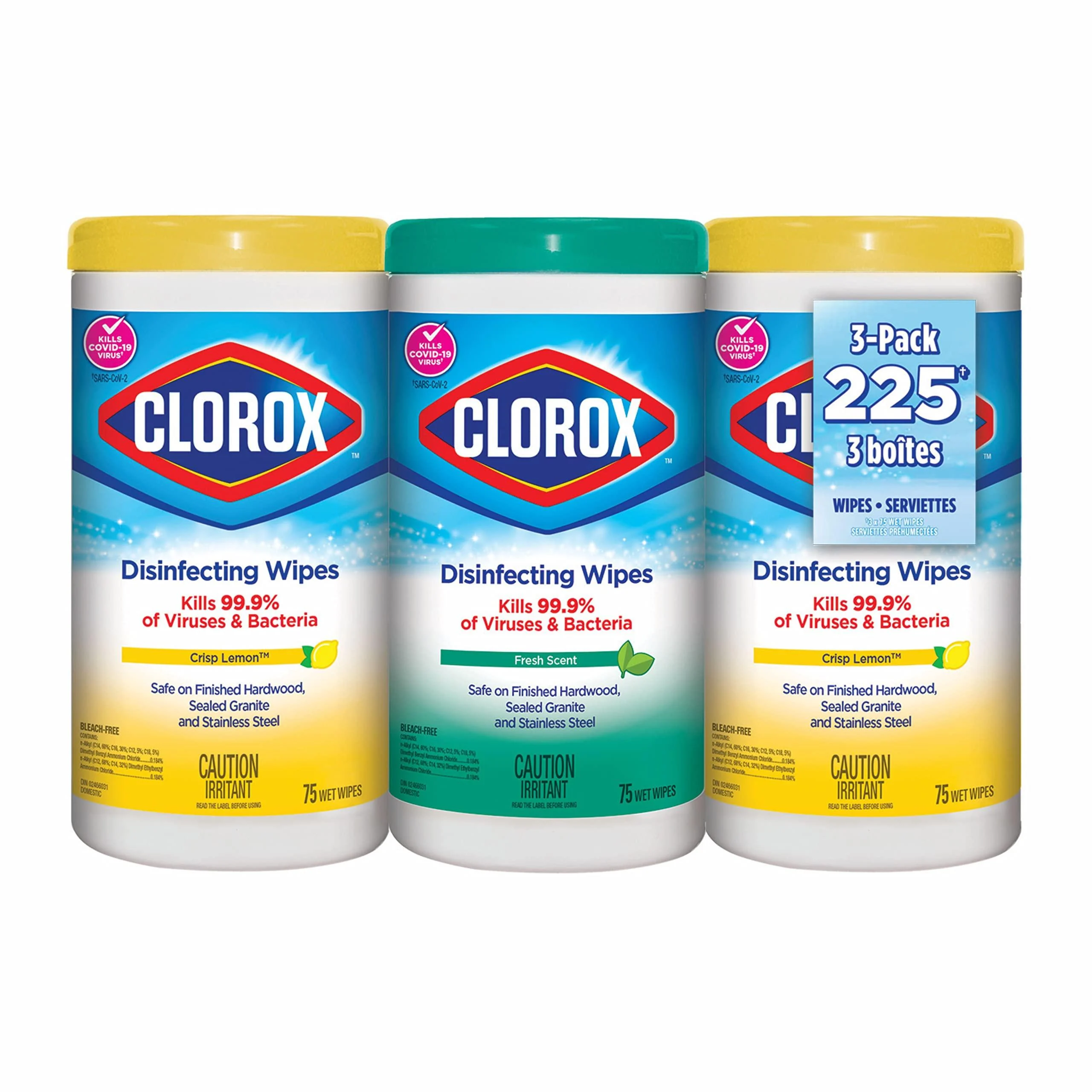 Clorox Disinfecting Wipes Multi-Pack of 3 Canisters 2 Crisp Lemon and 1 Fresh Scent