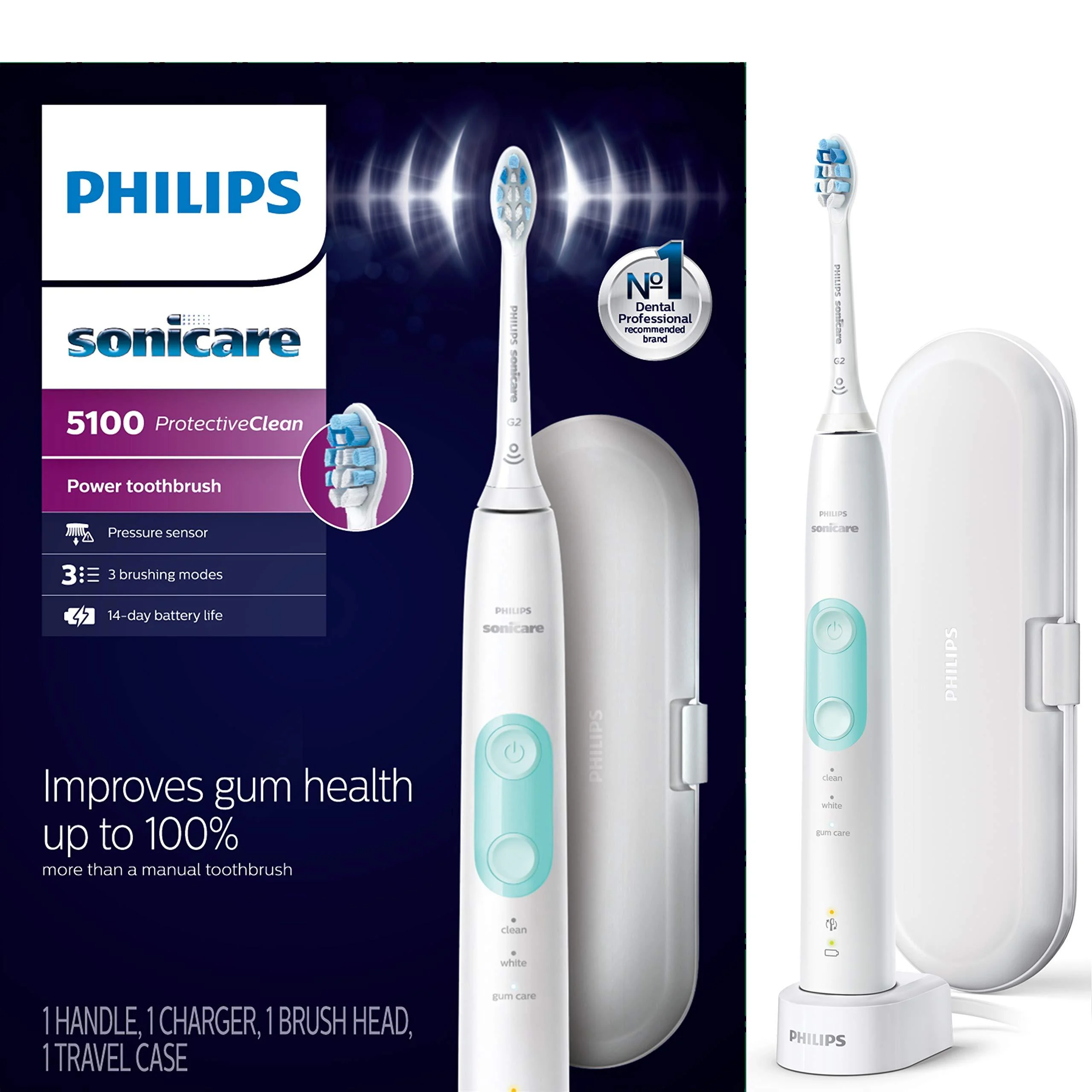 Philips Sonicare ProtectiveClean 5100 Rechargeable Electric Power Toothbrush, White, HX6857/11 White Standard