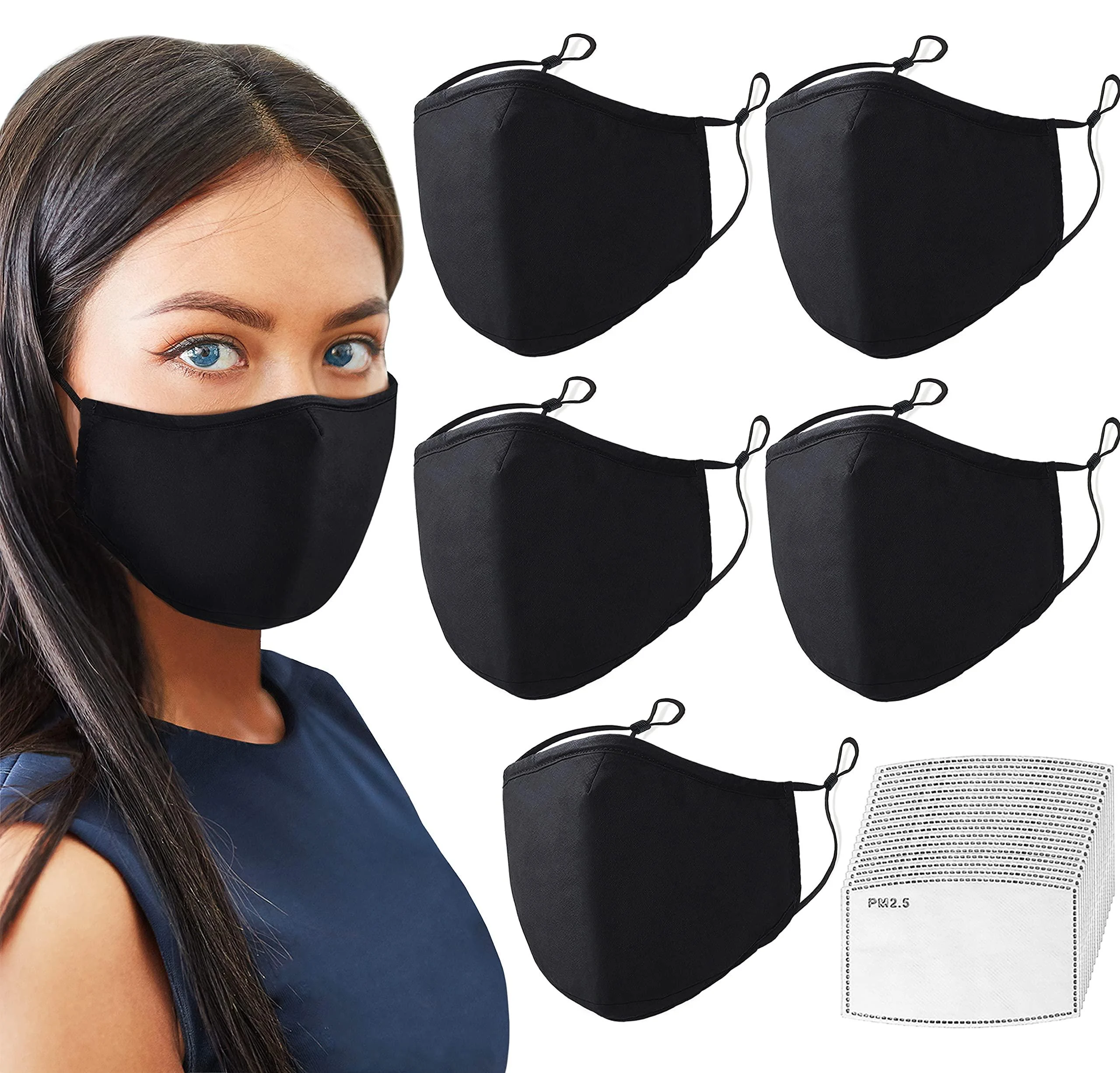 5x Black Cotton Cloth Face Mask - Washable, Reusable, Adjustable Masks - Filter Pocket (20 Filters) - Soft Inner Lining 5 Mask + 20 Filters