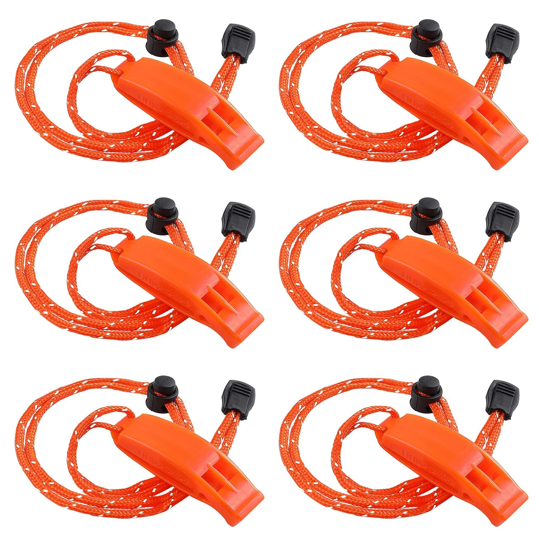 JULBEAR 6PCS Safety Survival Whistles with Adjustable Reflective Lanyard Emergency Plastic Whistle Marine Whistle orange
