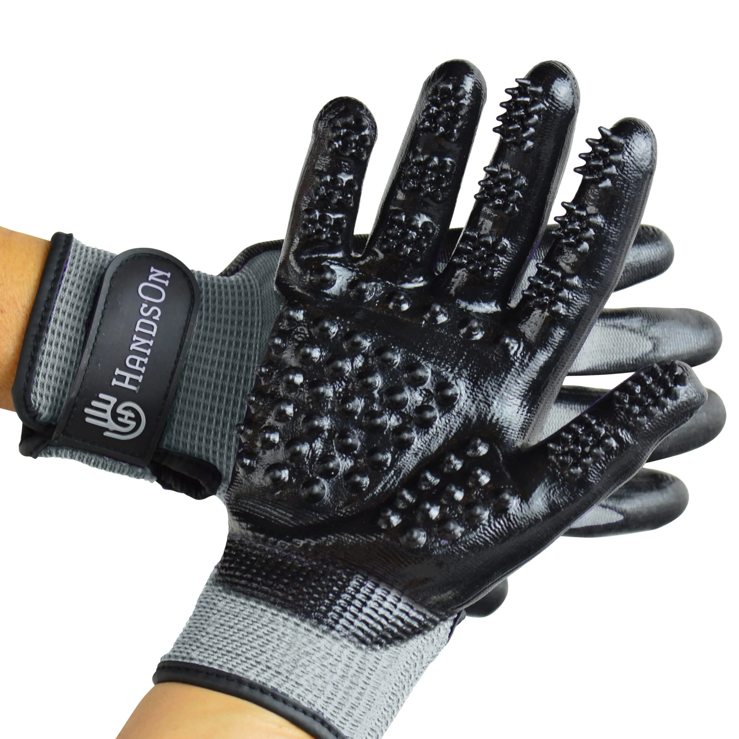 HandsOn Pet Grooming Gloves - Patented #1 Ranked, Award Winning Shedding, Bathing, & Hair Remover Gloves - Gentle Brush for Cats, Dogs, and Horses Grey Medium (Pack of 1)