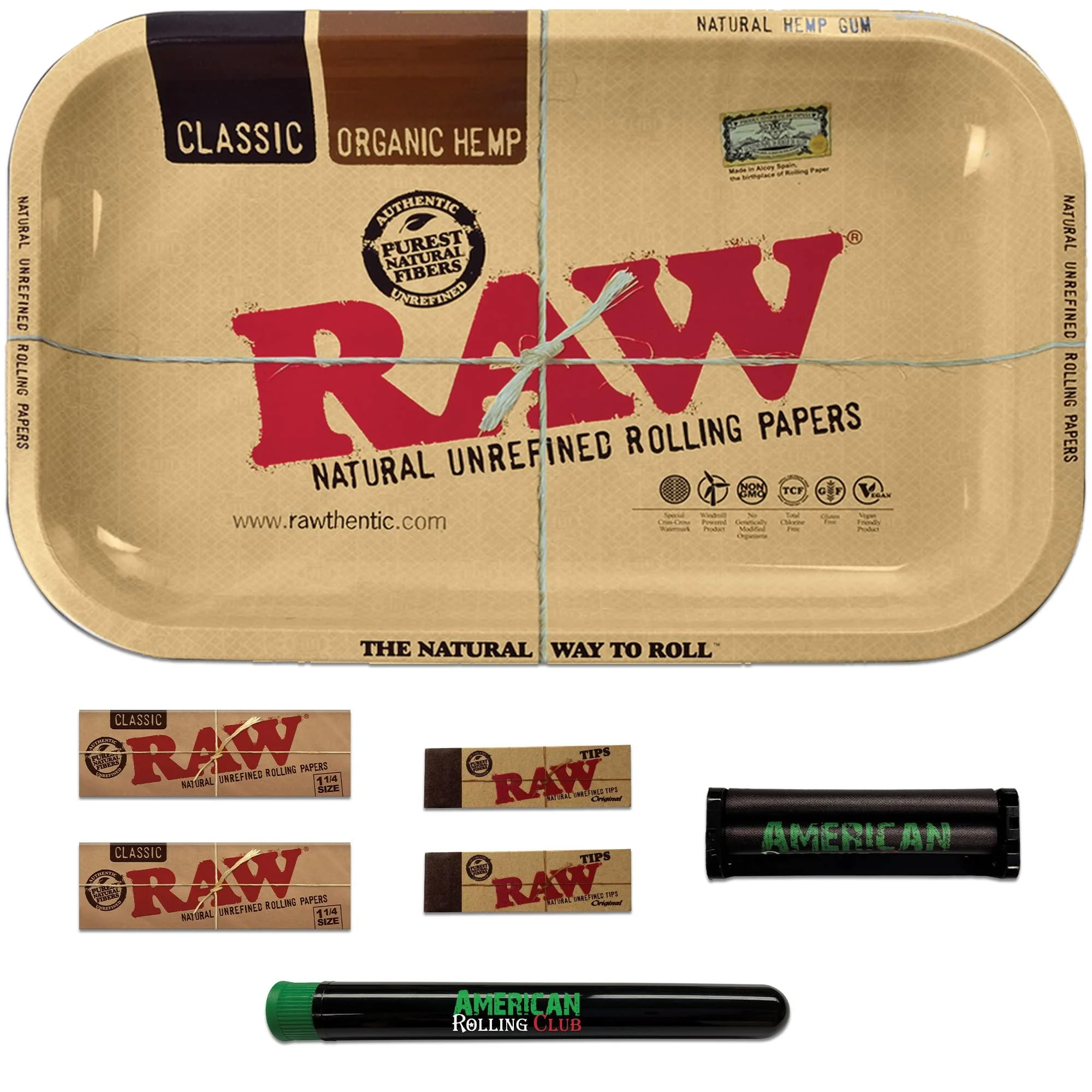 RAW Rolling Tray Combo Includes Tray, 1 1/4 Rolling Papers, Original Tips, and American Rolling Club 79mm Rolling Machine and Tube (Small) - Roll With Us Depot