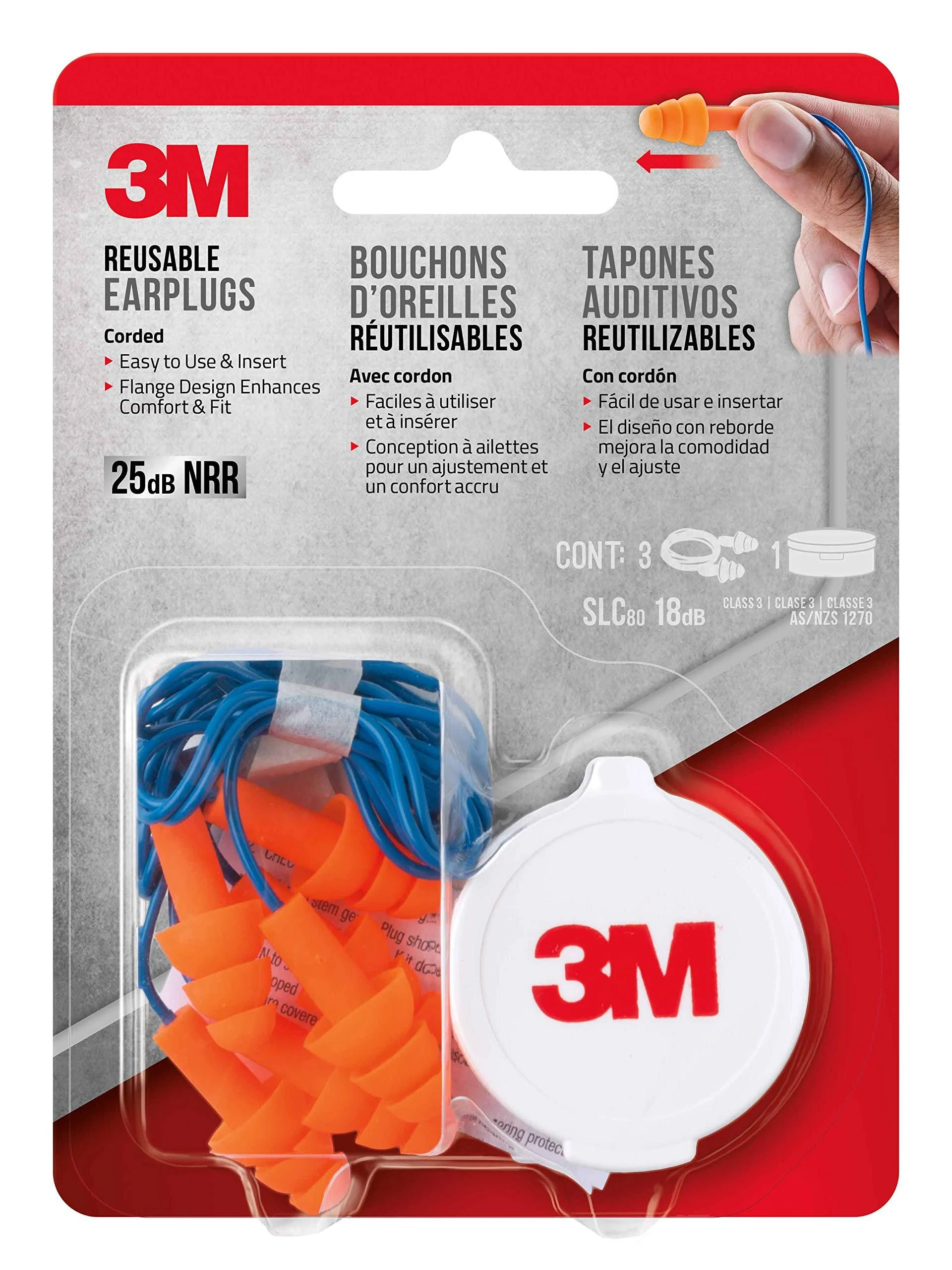 3M Corded Reusable Earplug, 3-Pair with Case, 90716-80025T 3 Pairs, Corded