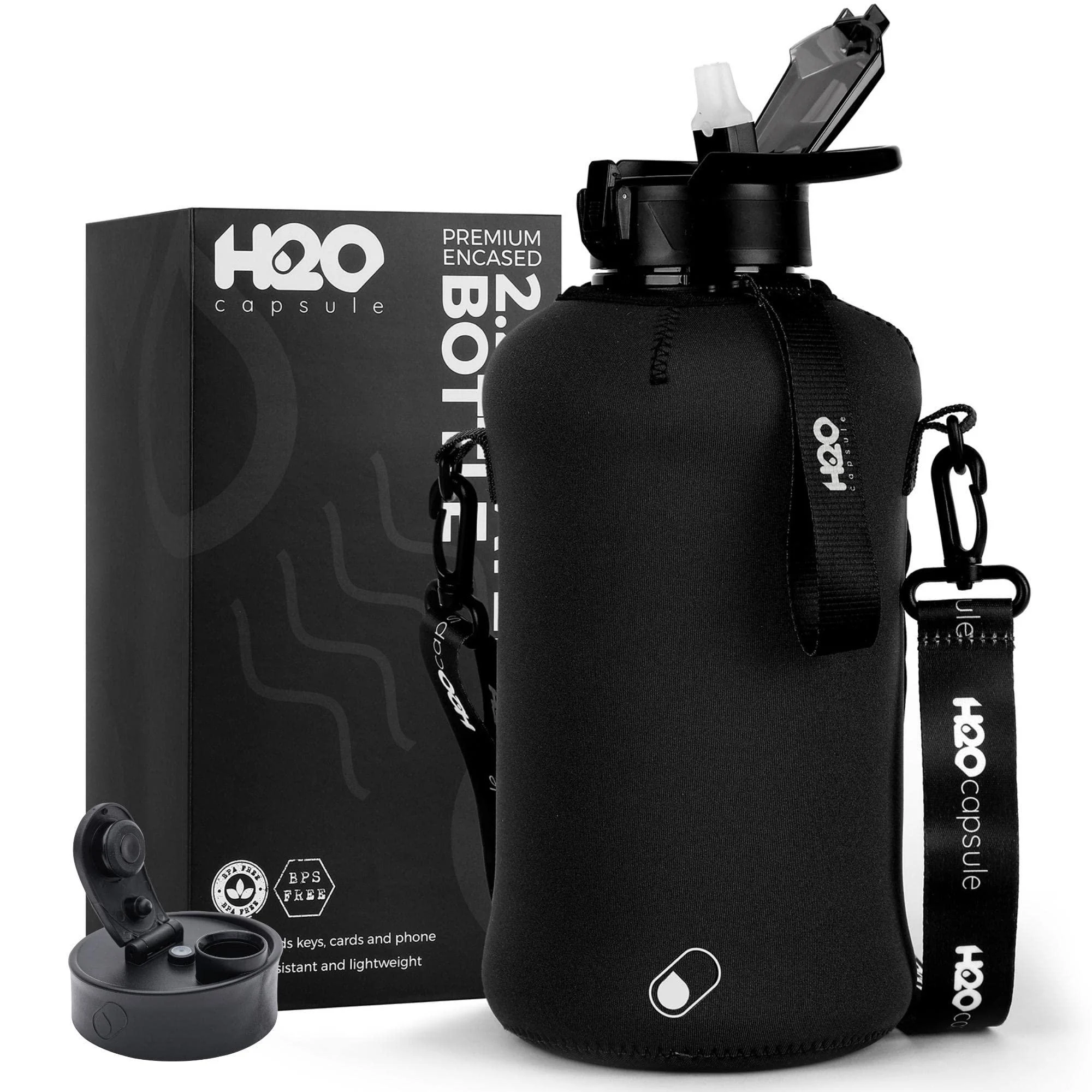 H2O Capsule 2.2L Half Gallon Water Bottle with Storage Sleeve and Covered Straw Lid BPA Free Large Reusable Drink Container with Handle - Big Sports Jug, 2.2 Liter (74 Ounce) Jet Black