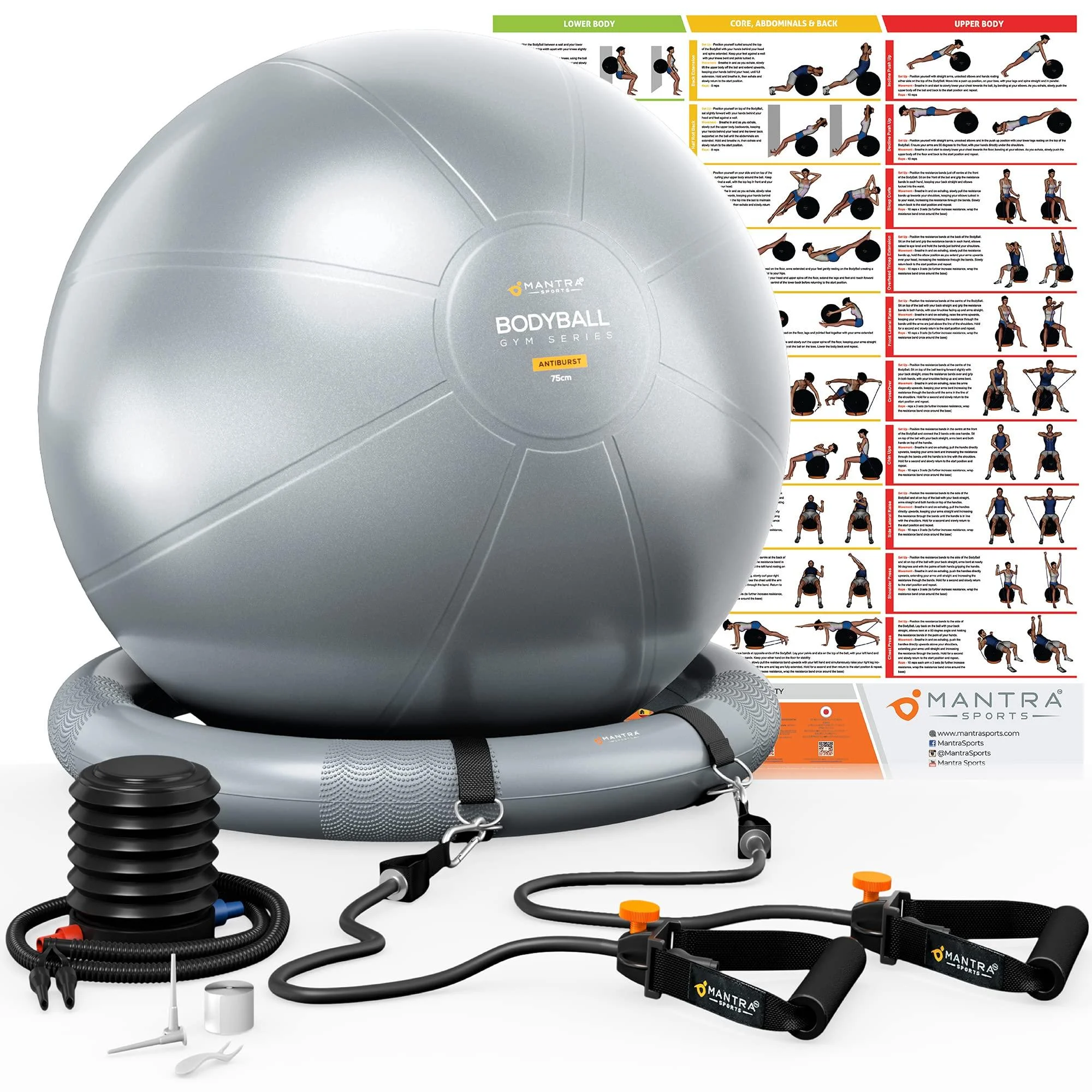 Exercise Ball Chair, Yoga Ball Chair with Resistance Bands, Pregnancy Ball with Stability Base & Poster. Balance Ball Chair Pilates Ball for Fitness, Home Gym, Physio, Birthing, Office & Working Out Gray 55cm (Height 4'8" … - MANTRA SPORTS