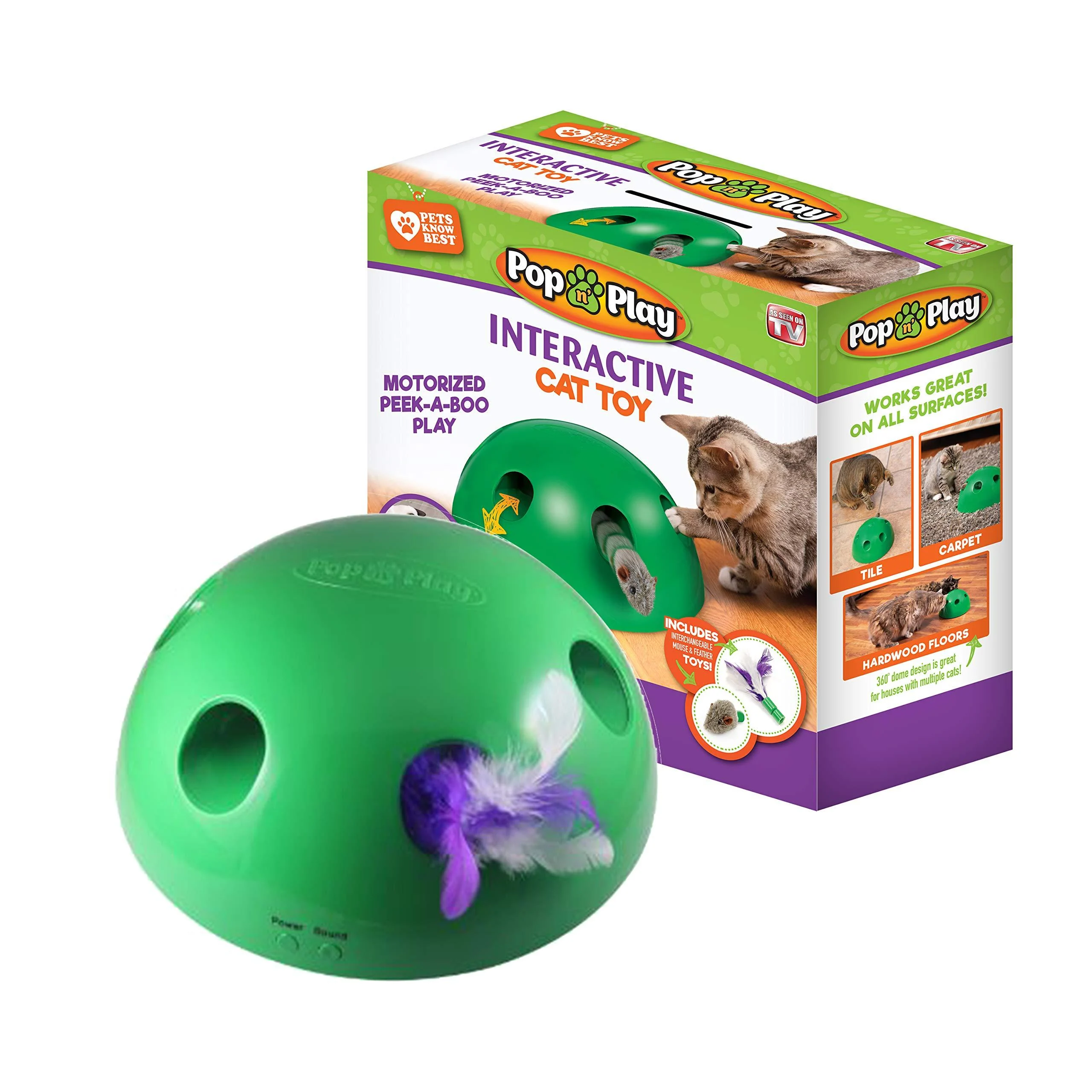 Allstar Innovations Pop N Play Interactive Motion Cat Toy, Includes: Electronic Smart Random Moving Feather & Mouse Teaser, Mouse Squeak Sound Optional & Auto Shut Off. Best Cat Toy Ever! Pop N Play