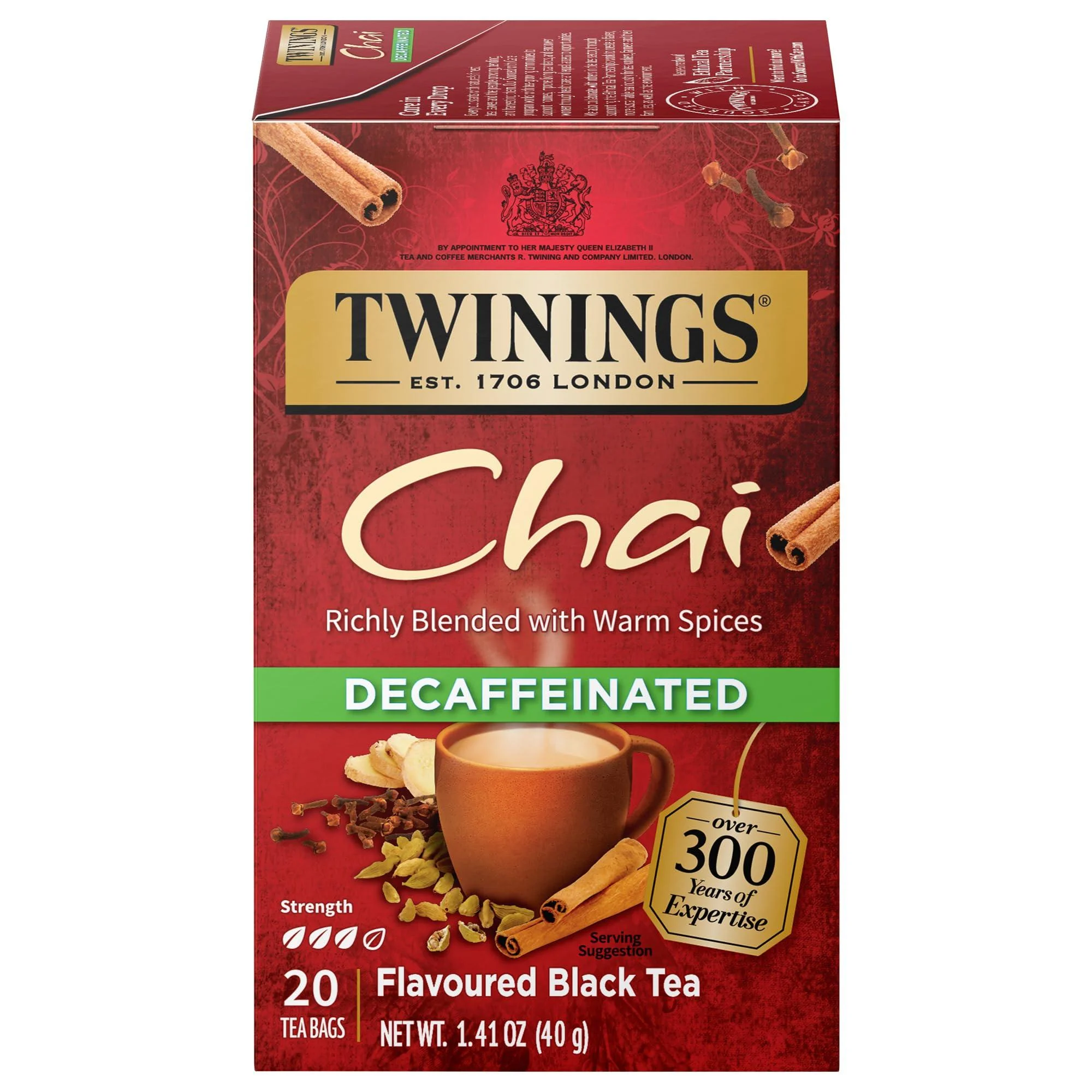 Twinings Decaffeinated Chai Individually Wrapped Black Tea Bags 20 Count (Pack of 6) Sweet Savoury Spices Enjoy Hot or Iced Decaf Chai 20 Count (Pack of 6)