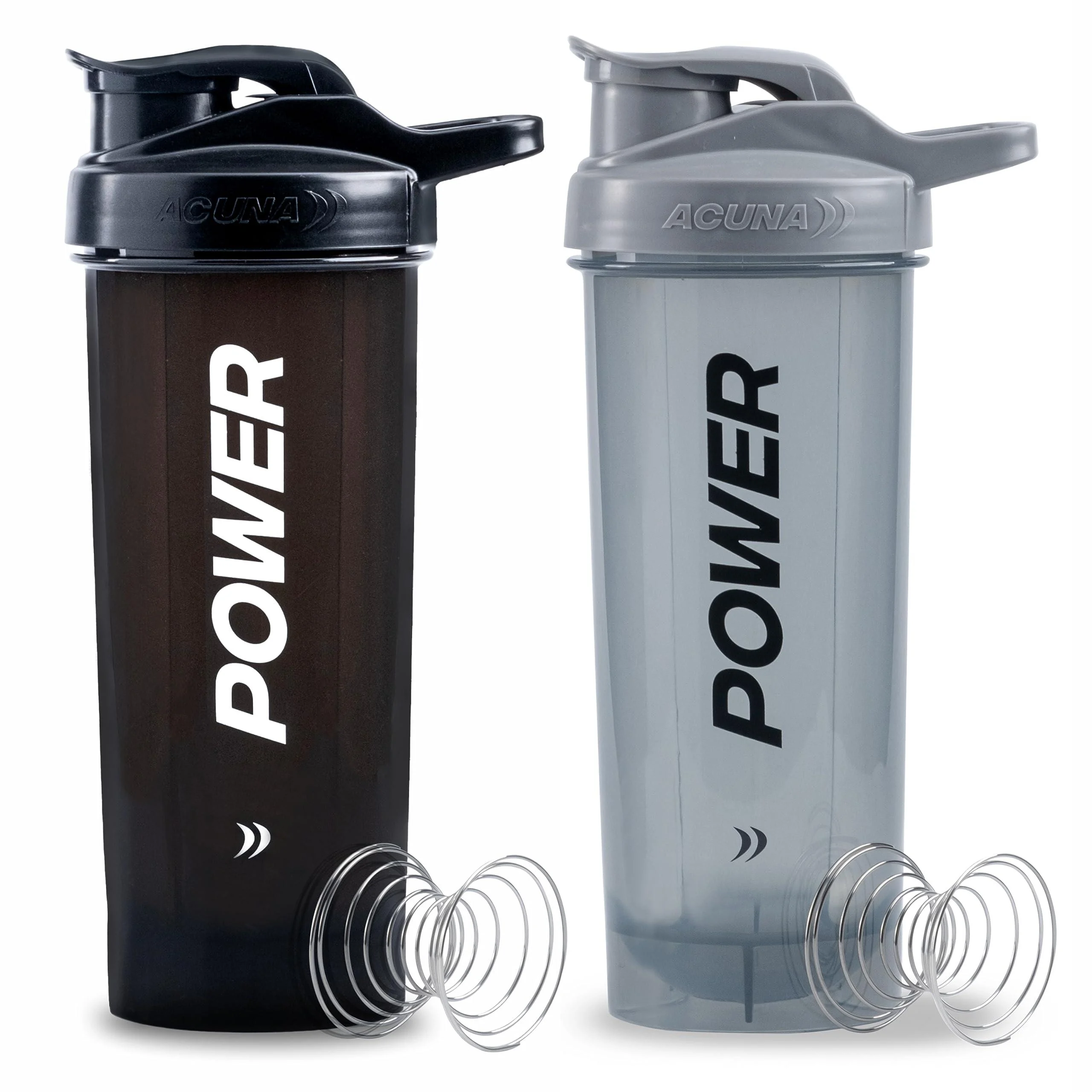 ACUNA POWER Shaker Bottle For Protein Powder 700 ml (Pack Of 2) With Mixer Ball BPA Free Leak Proof Screw On Lid Secure Drink Flip Cap Sports Gym Supplement Protein Shake Bottle (Black-Grey) 700 ML Black-grey