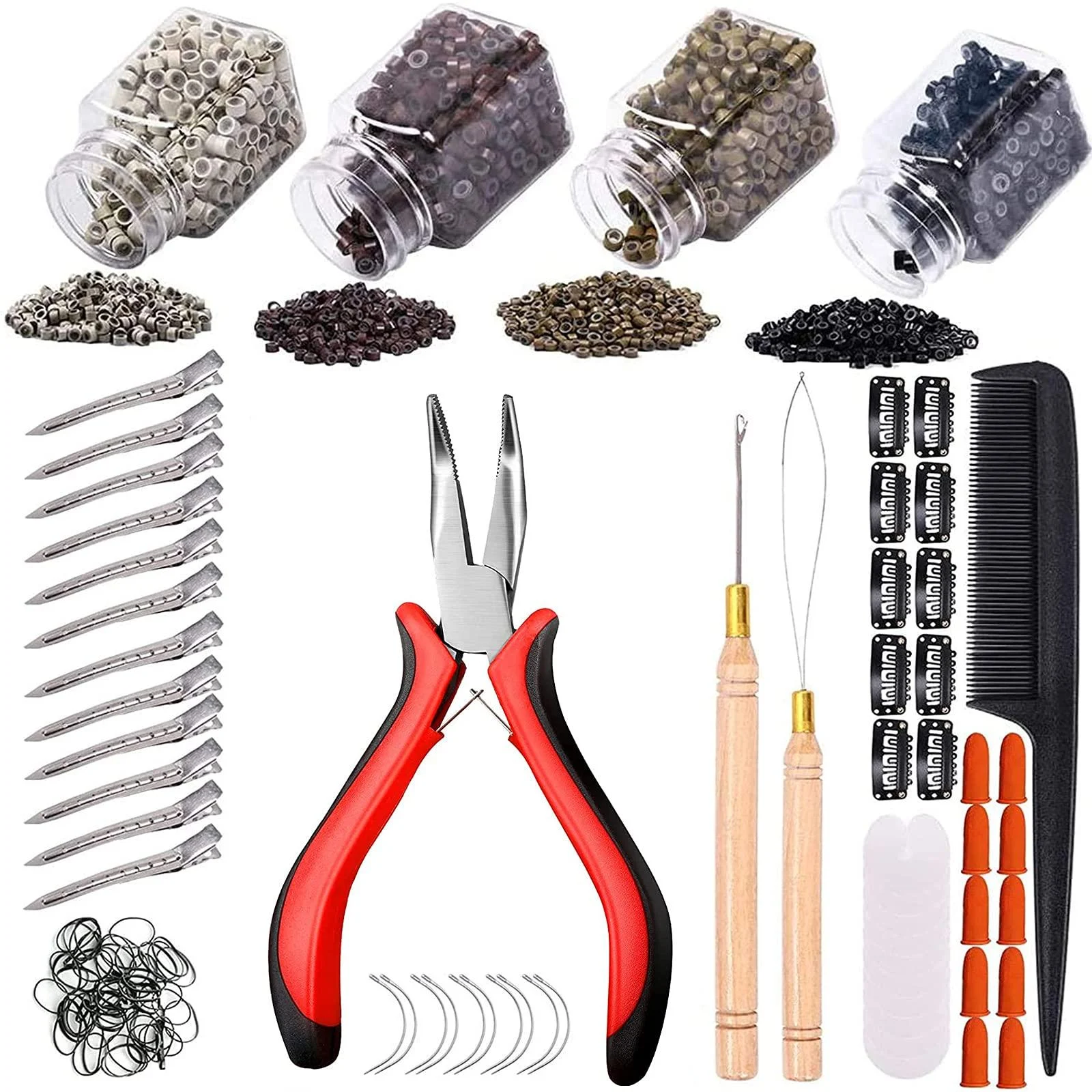 Hair Extension Kit Pliers Pulling Hook Loop Needle Threader Hair Extensions Tools with 4 Color Micro Ring Beads (Black, Brown, Dark Blonde, Blonde) 100 Black, 100 Brown, 100 Dark Blonde, 100 Blonde - YMHPRIDE