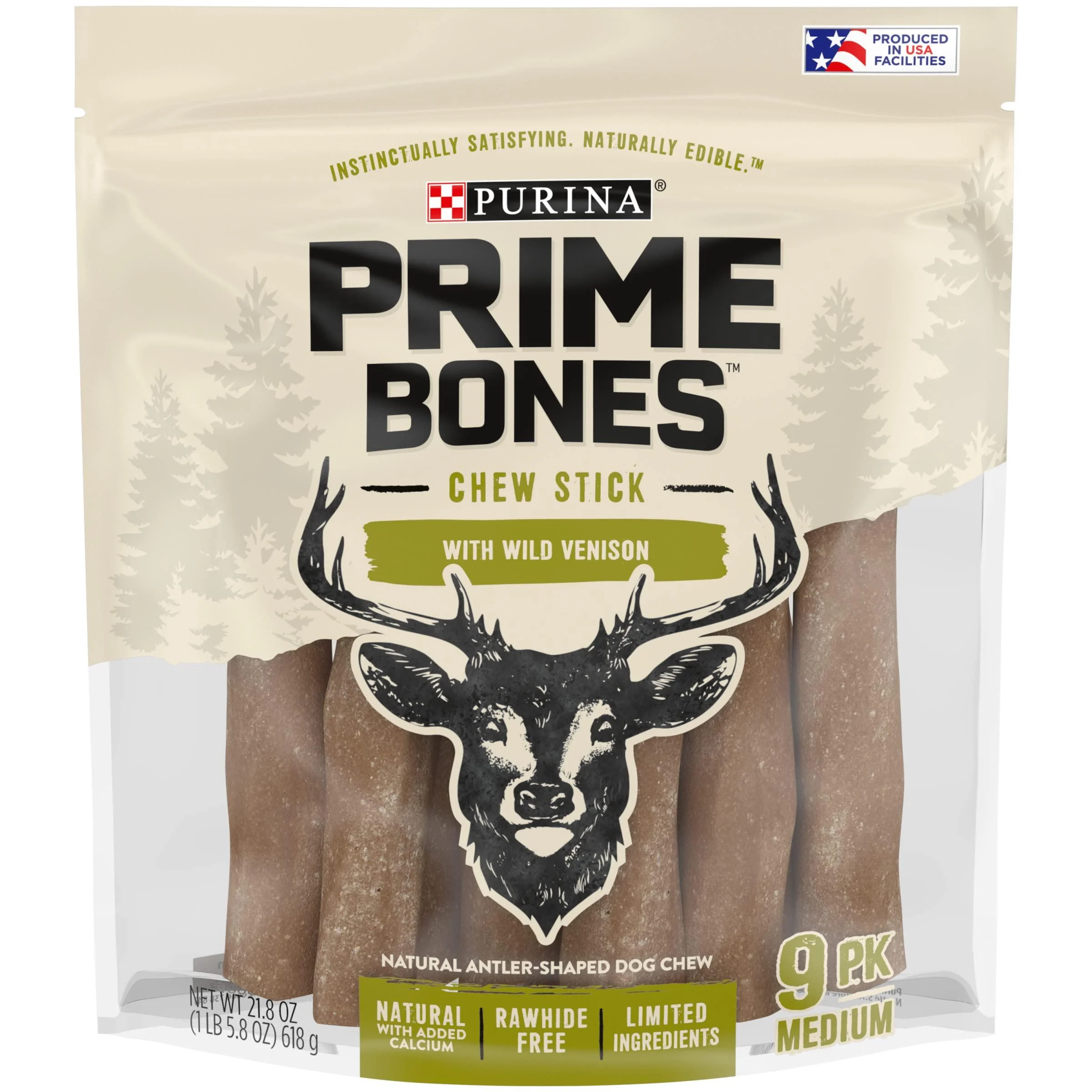 Purina Prime Bones Natural Dog Treats, Medium/Large Dog Chew Stick (Medium) Venison 9 Count (Pack of 1)