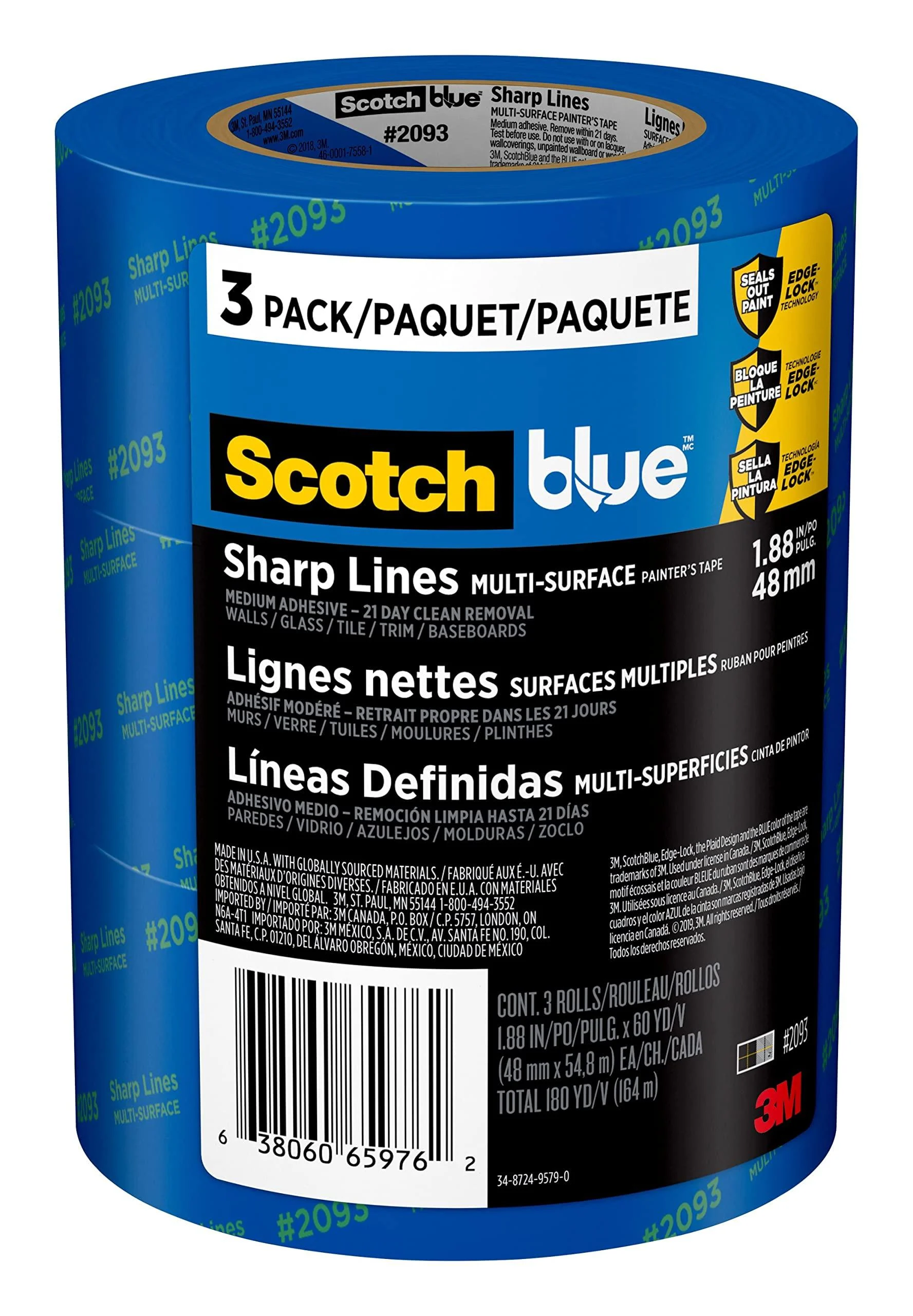 Scotch Painter's Tape 2093-48TC3 2093 Sharp Lines Multi-Surface Painters Tape 3 rolls Blue 3 rolls 1.88 Width 3 rolls