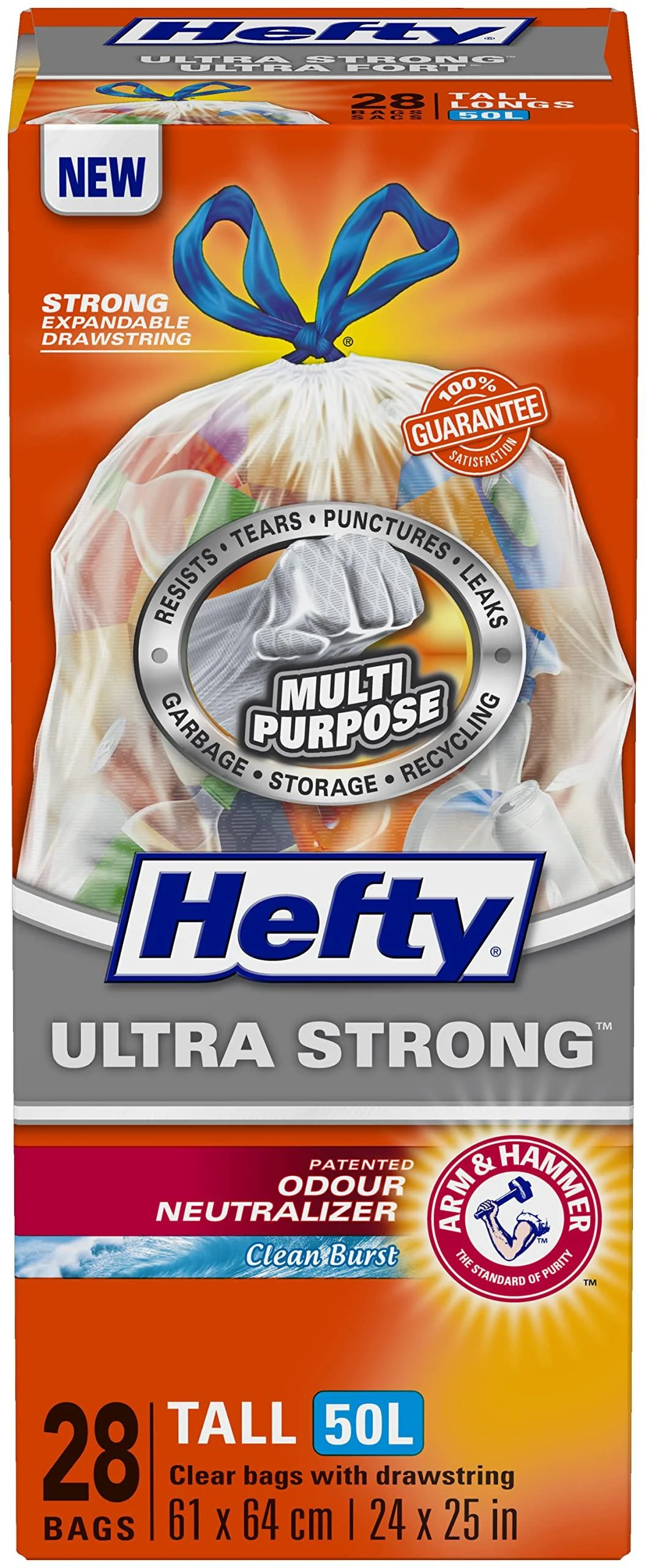 Hefty Garbage Bags Ultra Strong Tall 50 Litres Clear Recycling Drawstring Arm & Hammer odour neutralizer 28 Bags WASTE_BAG