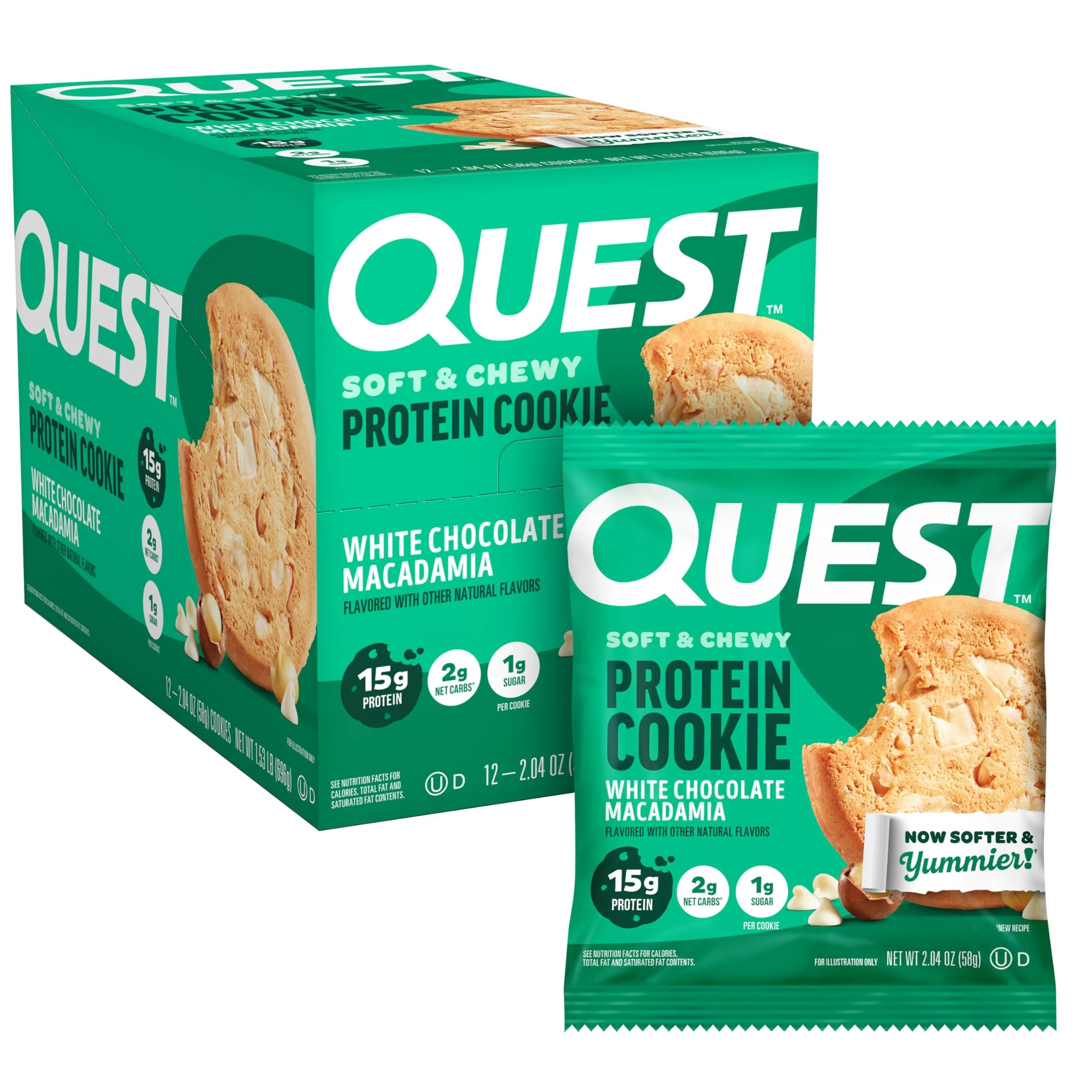 Quest Nutrition White Chocolate Macadamia Protein Cookie 15g Protein 1g Sugar 2g Net Carbs Keto Friendly High Protein Low Carb 12 Count White Chocolate Macadamia 12 Count