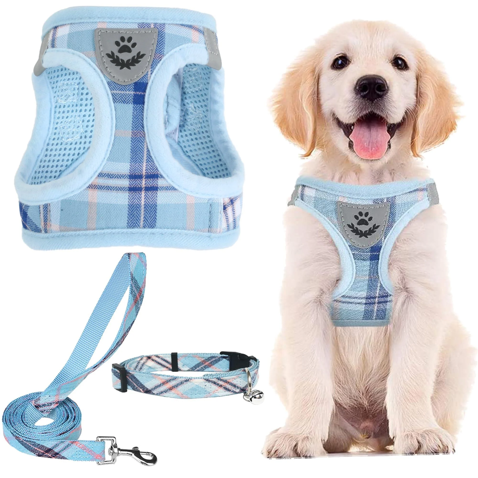 PUPTECK Dog Harness Small Dog with Collar and Lead Set Step-in No Pull Puppy Cat Harnesses for Daily Walking Blue M M: Chest girth: 40.6-45.7cm Collar: 30-40cm Blue