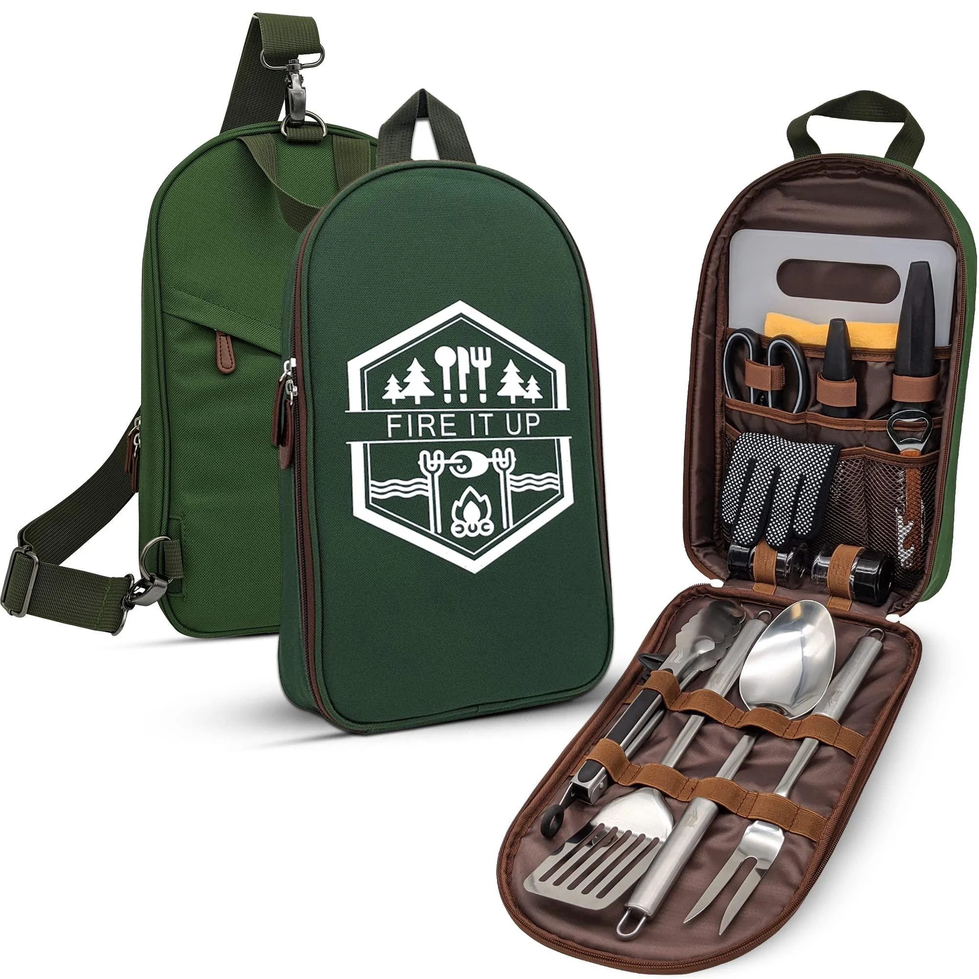 BOMKI Grilling and Camping Cooking Utensils Set for The Outdoors BBQ - Camping Utensil Set Camping Kitchen Set Cookware Accessories with Case Camping Essentials Camping Stuff Camp Cooking Set Green