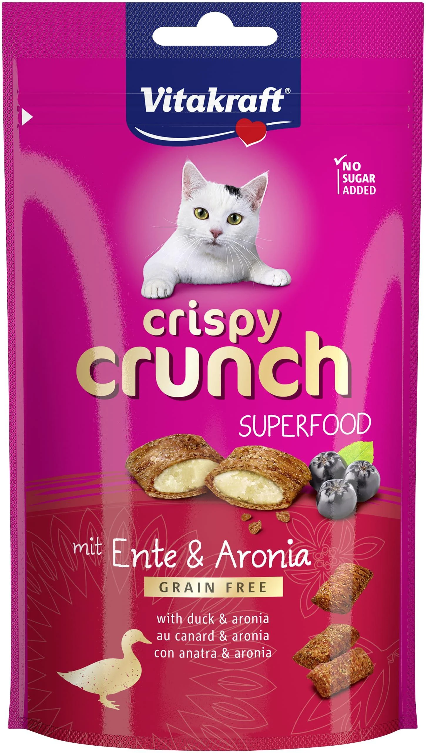 Vitakraft Crispy Crunch crispy snack pillows filled with duck and aronia cat snack sugar-free (1x 60g) Duck + Aronia