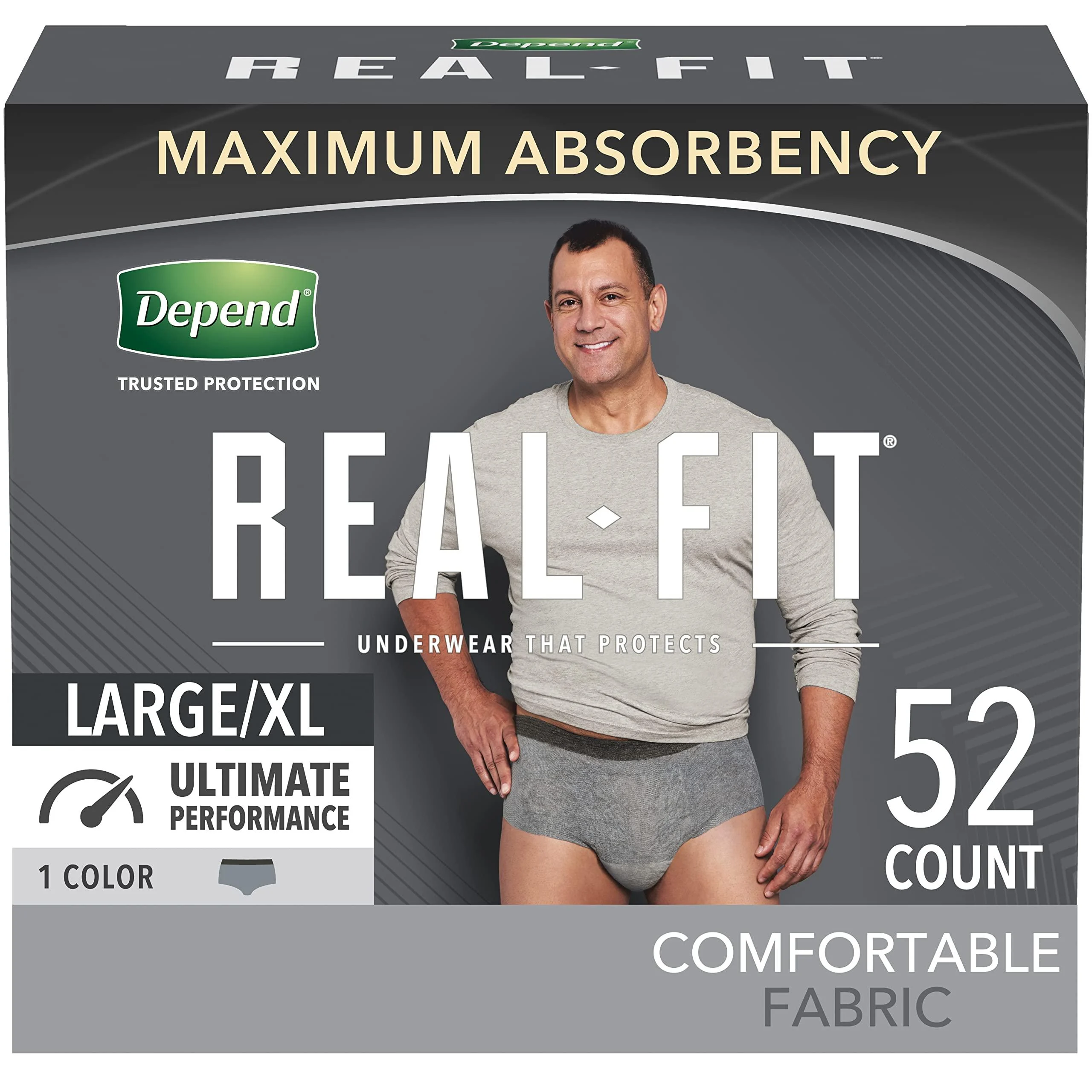 Depend Real Fit Incontinence Underwear for Men, Maximum Absorbency, Disposable, Large/Extra-Large, Grey, 52 Count (Packaging May Vary) 52 Count (Pack of 1) Grey