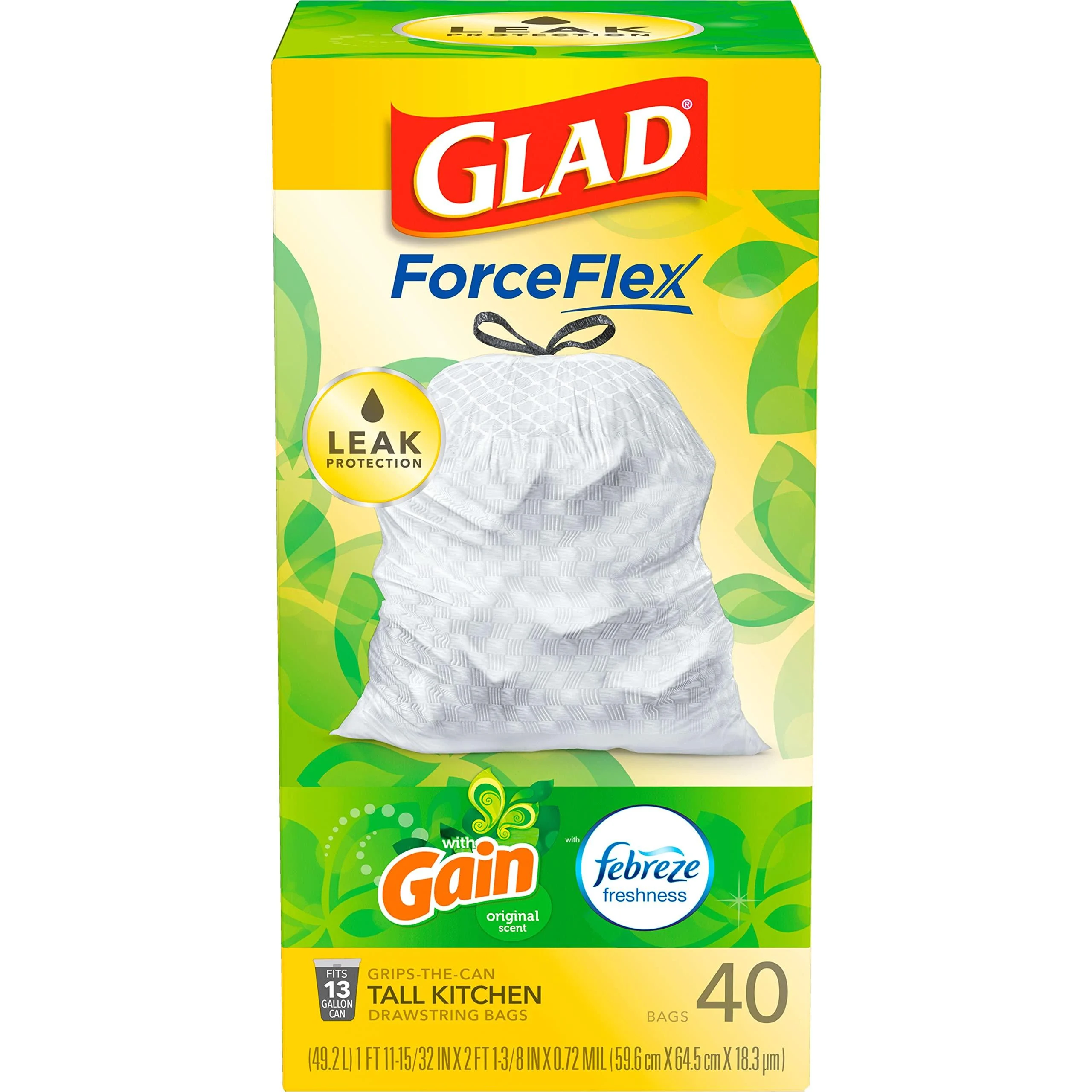 GLAD ForceFlex Tall Drawstring Trash Bags, 13 Gallon White Trash Bags for Tall Kitchen Trash Can, Gain Original Scent to Eliminate Odors, 40 Count TRV252538 40 Count (Pack of 1)