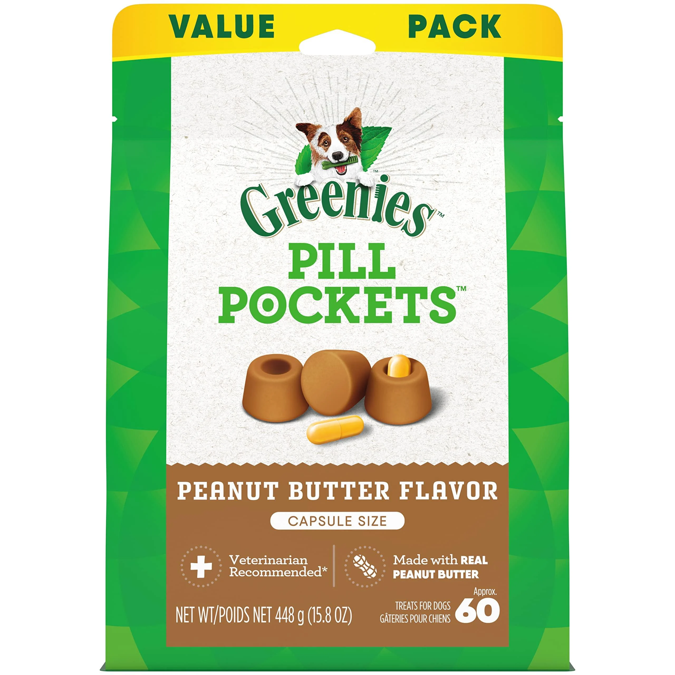 Greenies Pill Pockets Natural Dog Treats, Capsule Size, Peanut Butter Flavor 15.8 Ounce (Pack of 1)