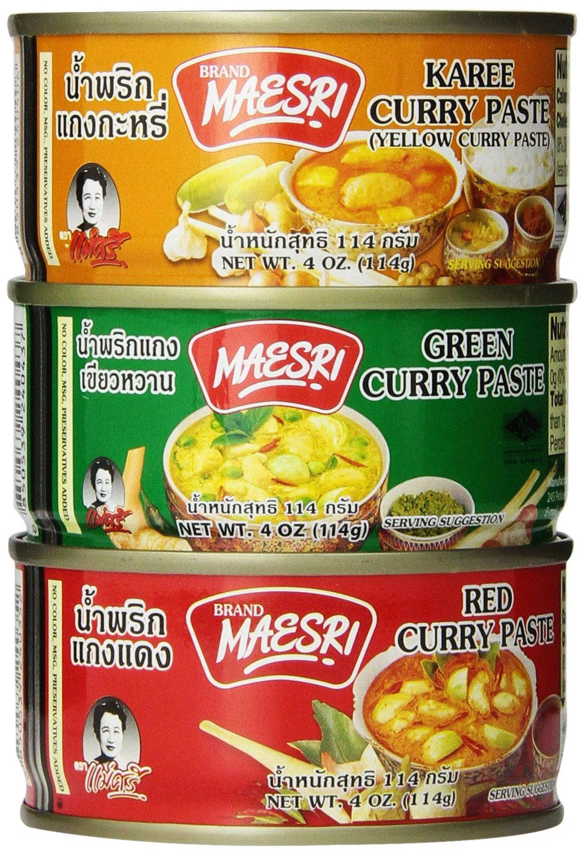 Thai Green Red Yellow Curry Pastes Set (Original Version), 4 Ounce (Pack of 6) - Maesri