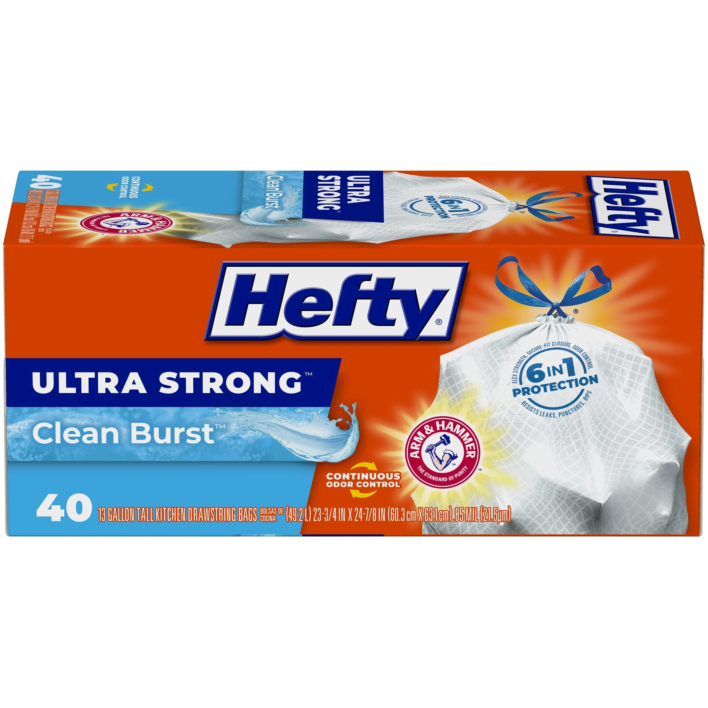 Hefty Ultra Strong Tall Kitchen Trash Bags, Clean Burst Scent, 13 Gallon, 40 Count