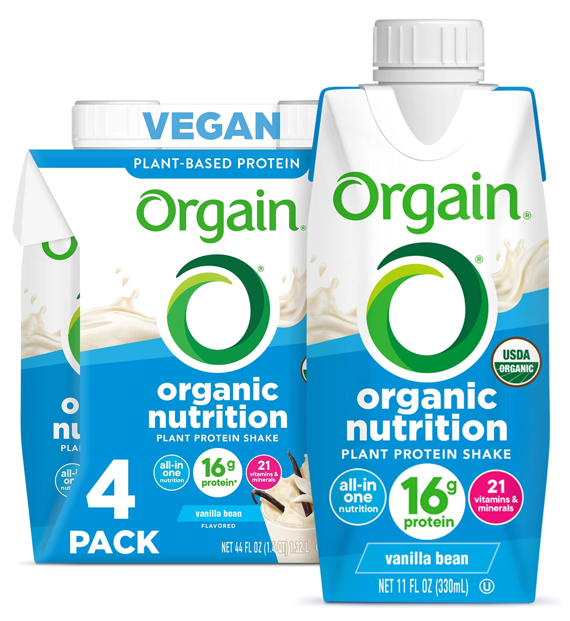 Orgain Organic Vegan Plant Based Nutritional Shake, Vanilla Bean - Meal Replacement, 16g Protein, 21 Vitamins & Minerals, Dairy Free, Gluten Free, Packaging May Vary, 11 Fl Oz (Pack of 4) Vanilla Vegan Nutrition Shake 11 Fl Oz (Pack of 4)
