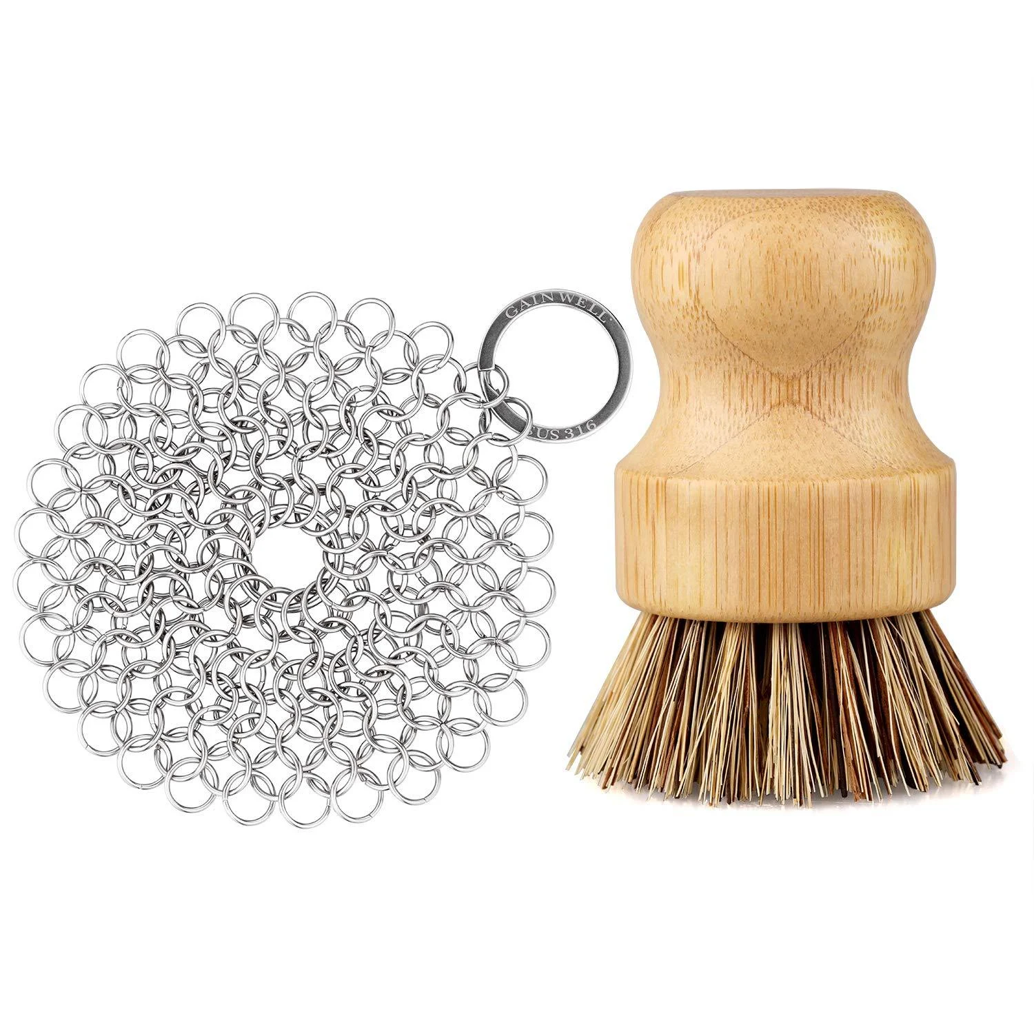 GAINWELL Stainless Steel Chainmail Scrubber Set Cast Iron Cleaner 4in with Wood Scrub Cleaning Brushes