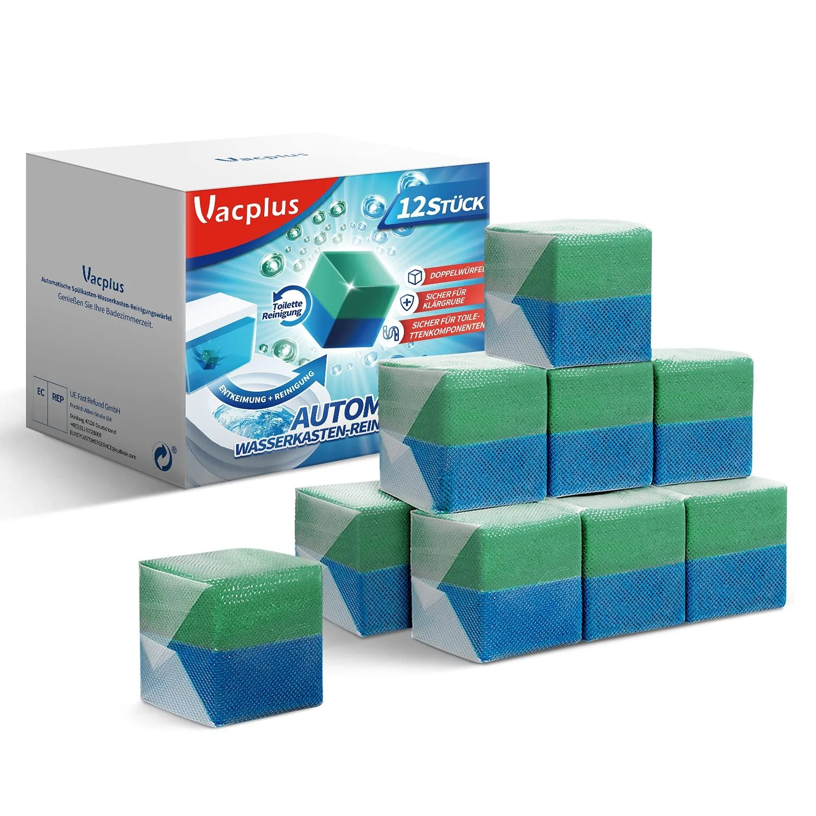 Vacplus WC Cleaner Duo-Active Cleaning Cubes for Water Tanks 12 Pieces Extra Strong Prevents Limescale & Dirt Green