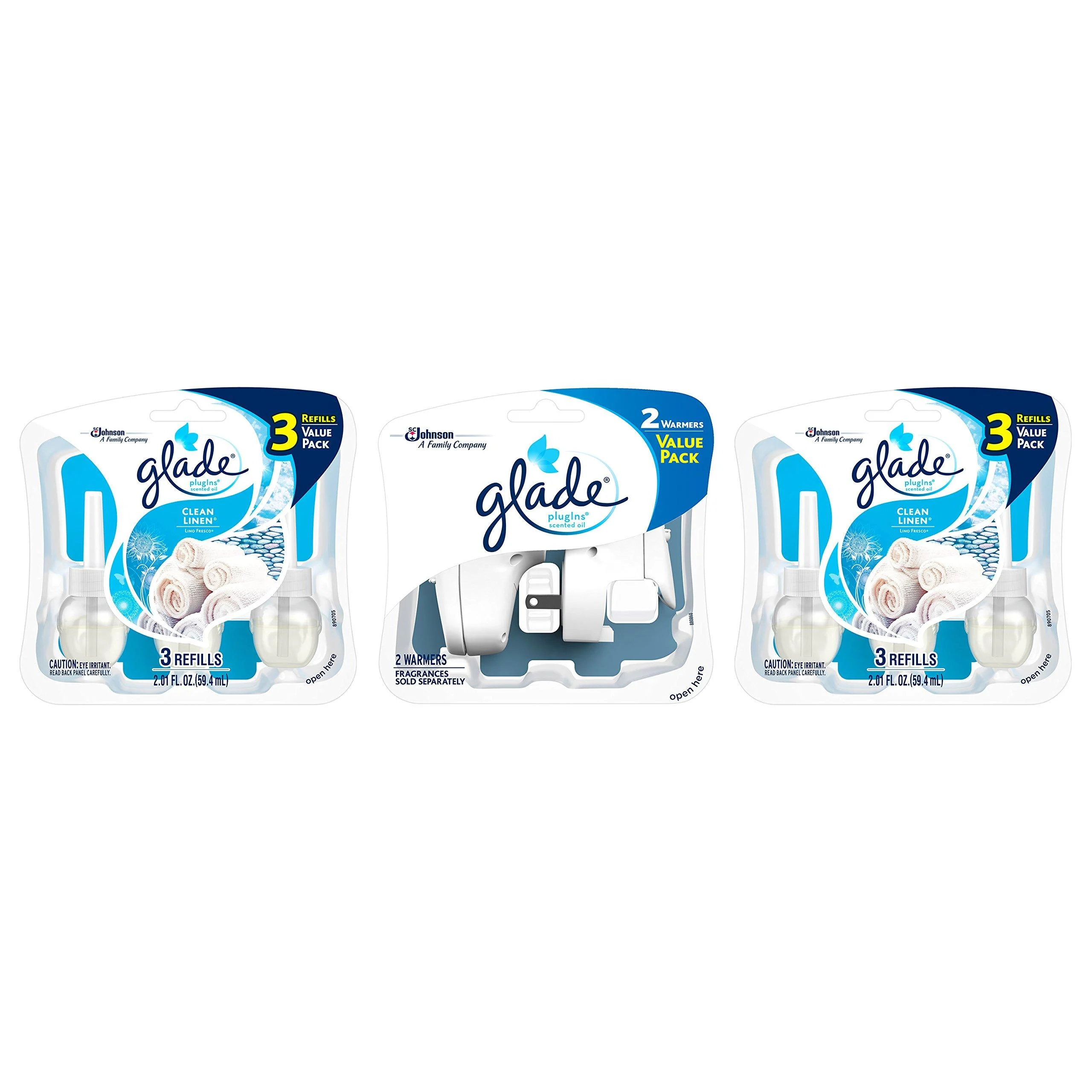 Glade PlugIns Refills Air Freshener Starter Kit Scented and Essential Oils for Home and Bathroom Clean Linen 4.02 Fl Oz 2 Warmers + 6 Refills