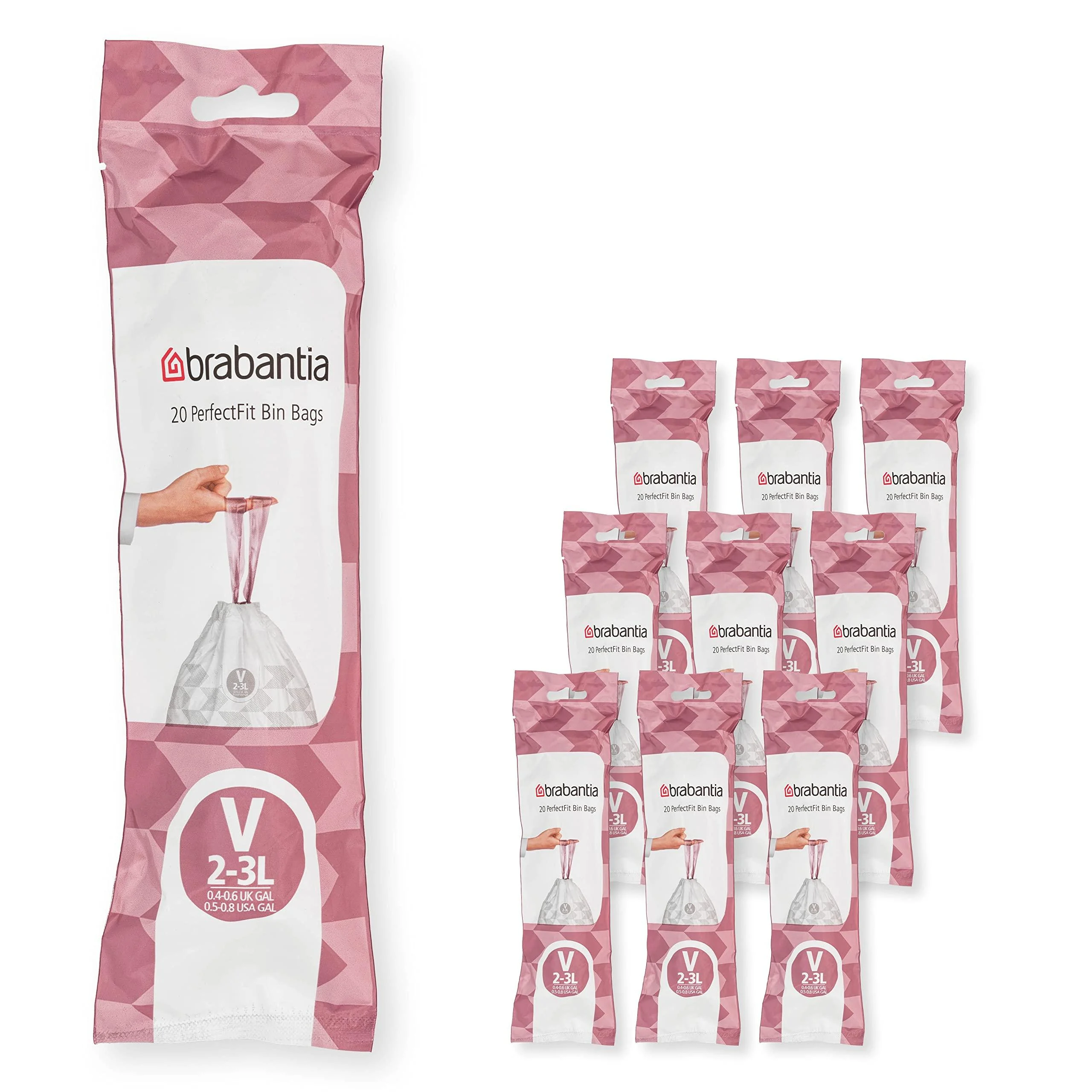 Brabantia garbage bag Perfectfit Multipack (Code V - 2L / 3L) Extra strong garbage bags with a pull tape 10 rolls (200 garbage bags) White - Code V 20 pieces (10 pack)