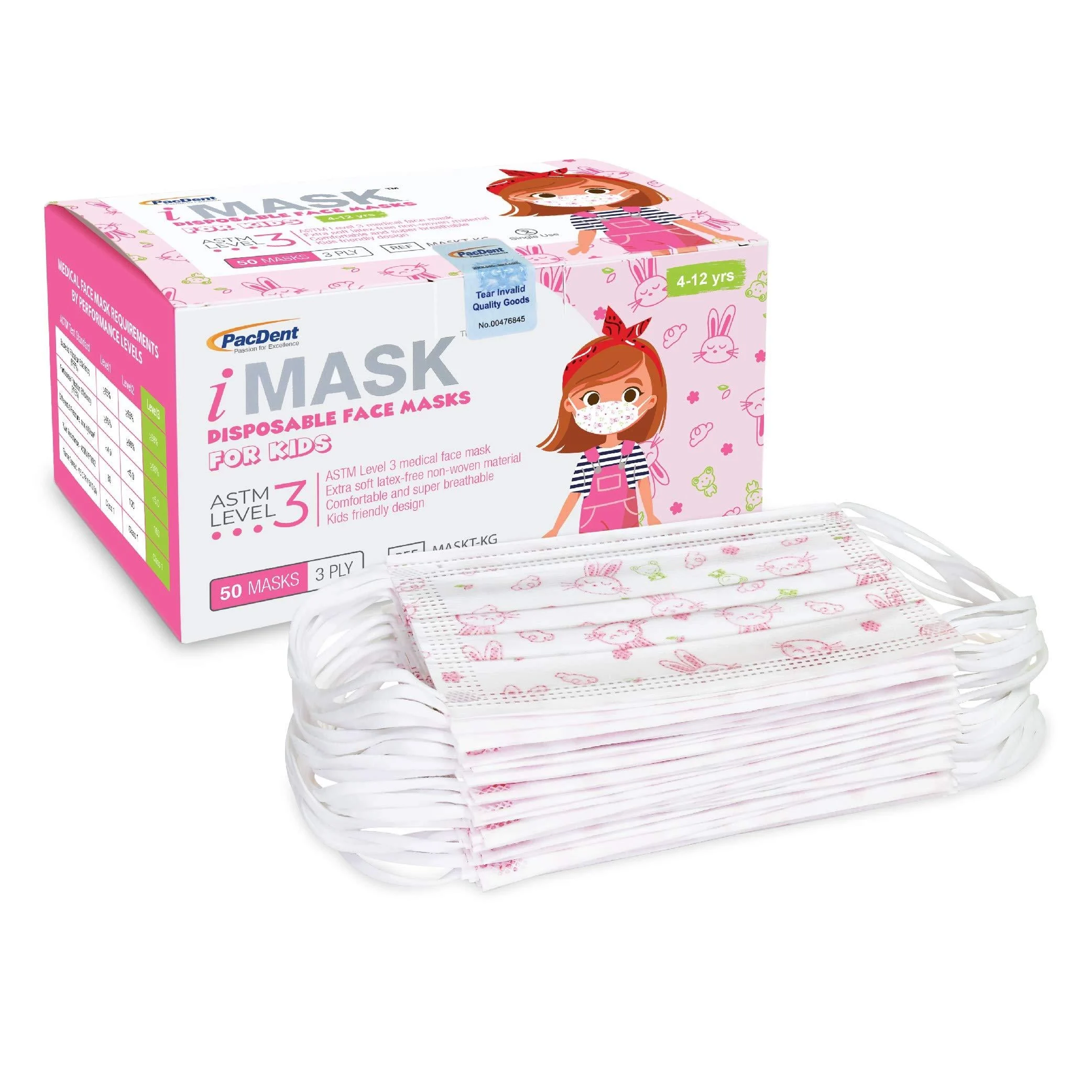 Pac-Dent iMask Premium ASTM Level 3 Kid Face Masks with Adjustable Nose Piece and Soft Ear Loops 50-Pack, Pink