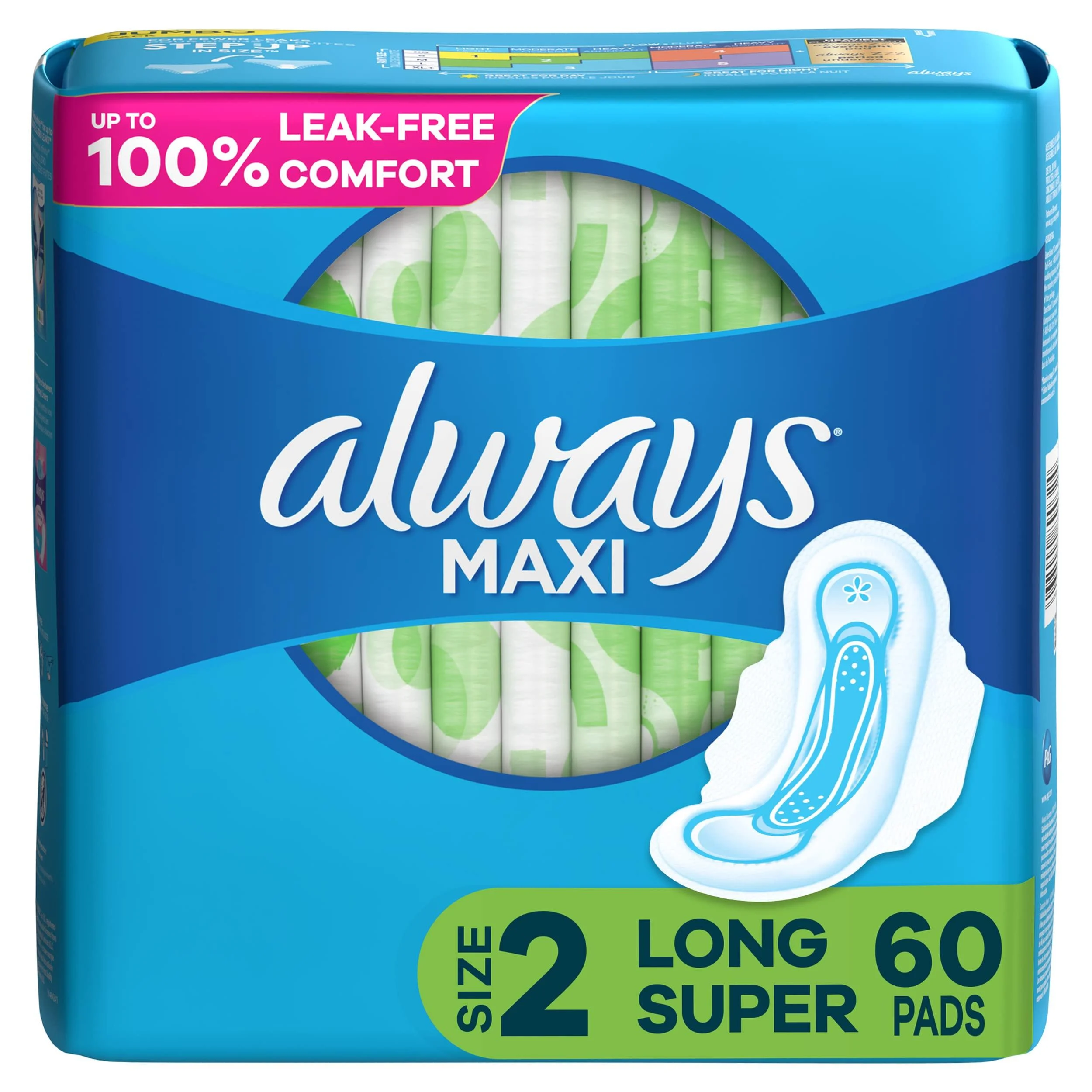 Always Maxi Feminine Pads For Women, Size 2 Long Super Absorbency, With Wings, Unscented, 60 Count Super, Wings