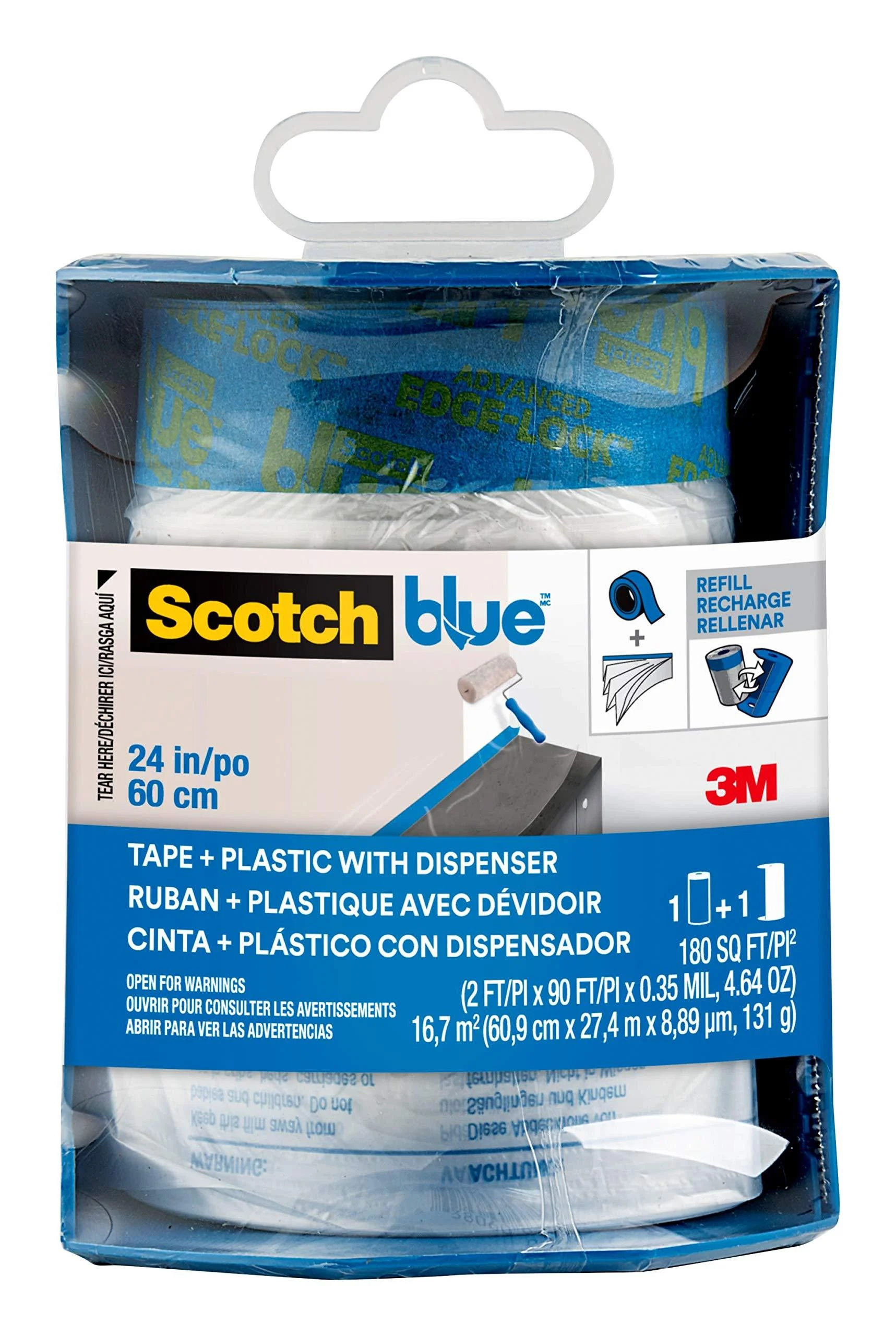 ScotchBlue Pre-Taped Painter's Plastic with Dispenser Prepares and Protects in One Easy Step Multi-Surface Painter's Tape and Plastic for Indoor Use 24 Inches x 30 Yards 1 Roll With Dispenser 24 Width