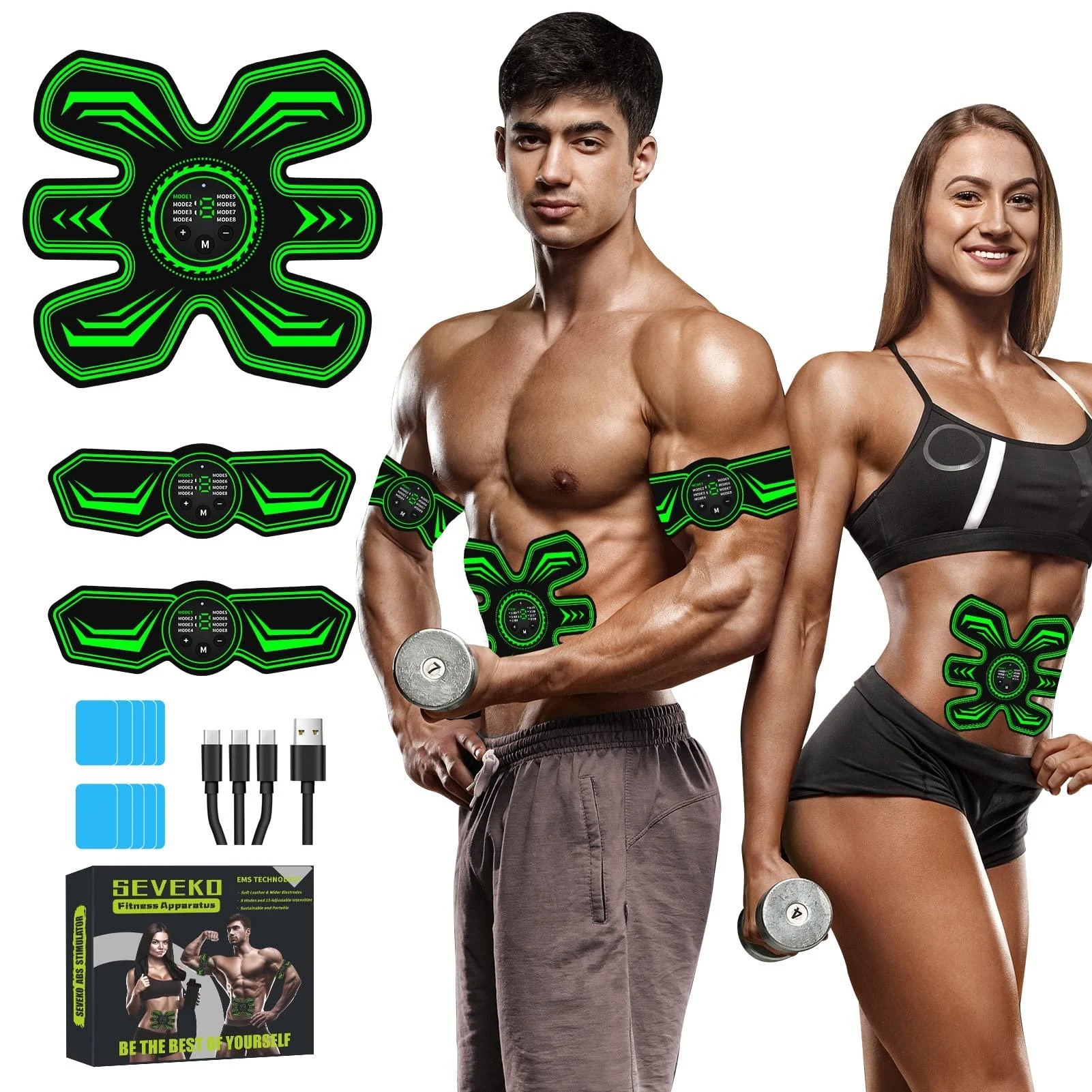 Seveko abdominal muscle trainer EMS training device belly trainer certainly effectively faster EMS training device full body muscle trainer 8 modes and 15 intensities 10 pieces of replacement hydrogels (blue)